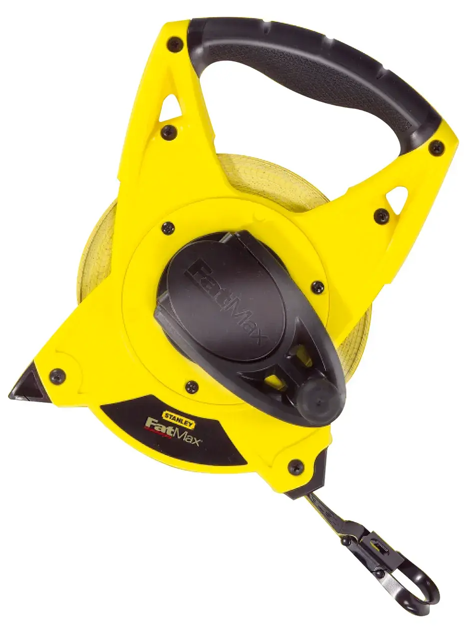 STANLEY 2-34-814 rullo di nastro, giallo e nero, vista frontale, manico ergonomico.