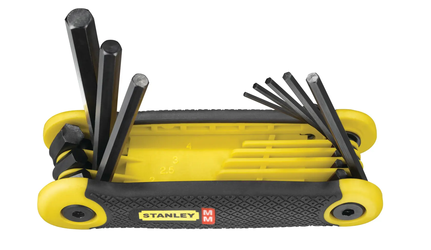 STANLEY 2-69-264 set di chiavi esagonali con supporto pieghevole giallo e nero, più chiavi estese, vista laterale.