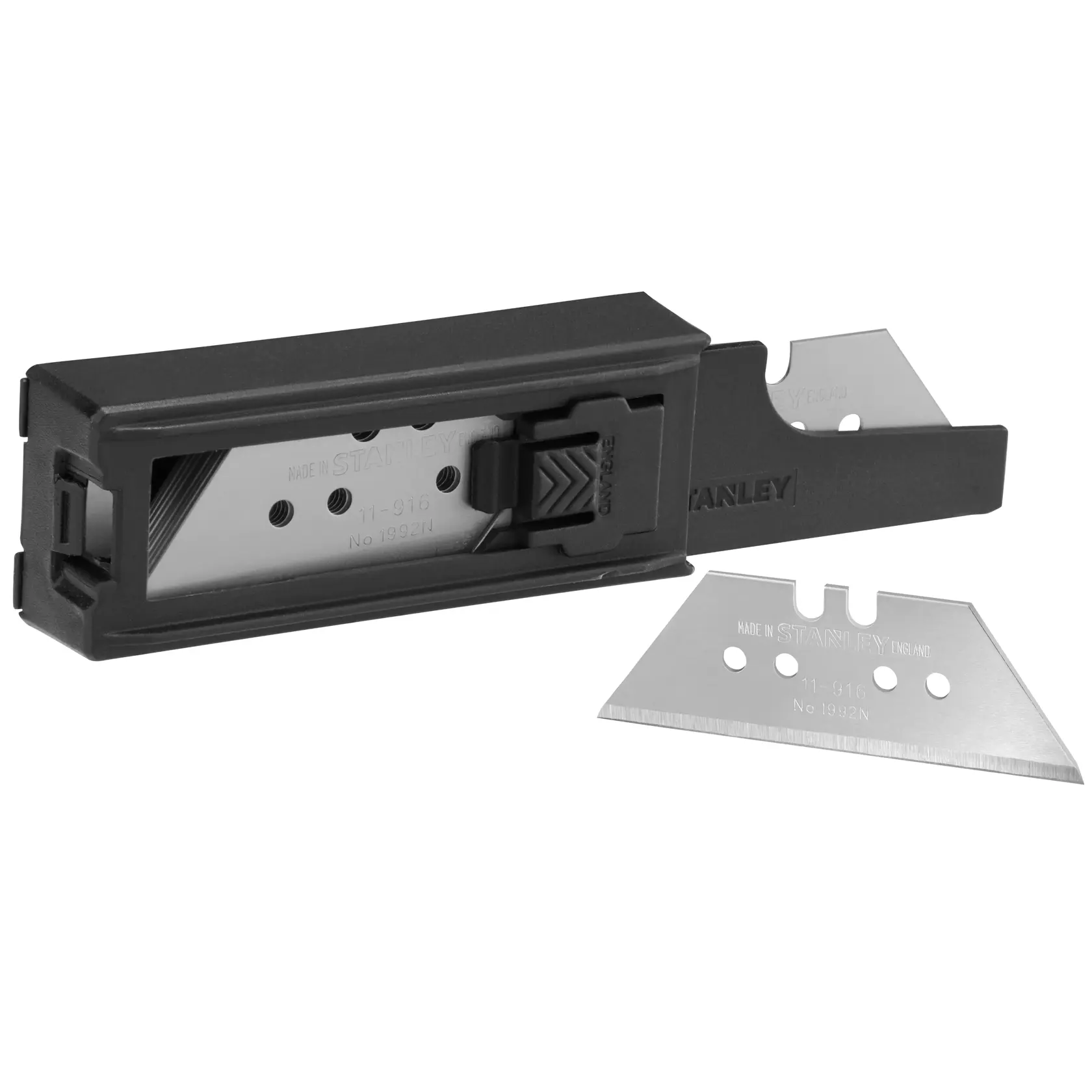 STANLEY 6-11-916 confezione di lame da taglio con dispenser e lame sciolte, vista frontale su sfondo bianco.