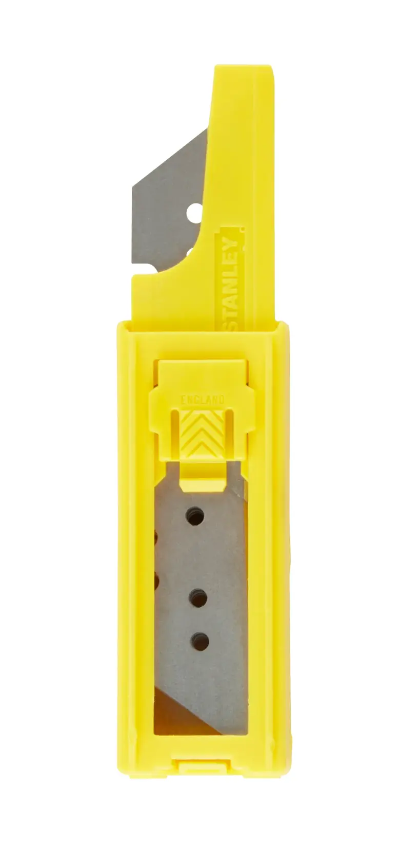 STANLEY 6-11-916 dispenser giallo per lame da taglierino con lame visibili, vista frontale, su sfondo bianco.