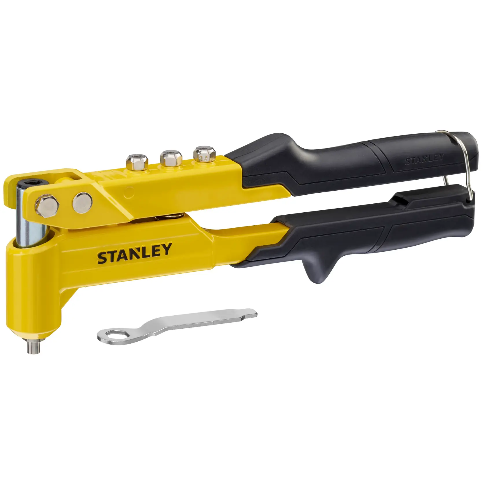 STANLEY 6-MR100 rivettatrice gialla e nera con chiave, vista laterale, sfondo bianco.