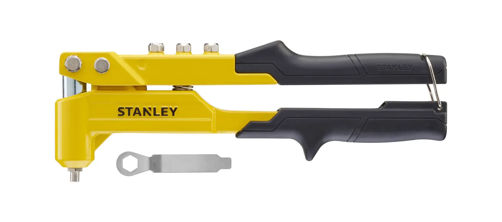 STANLEY 6-MR100 rivettatrice manuale gialla e nera con chiave inclusa, vista laterale su sfondo bianco.
