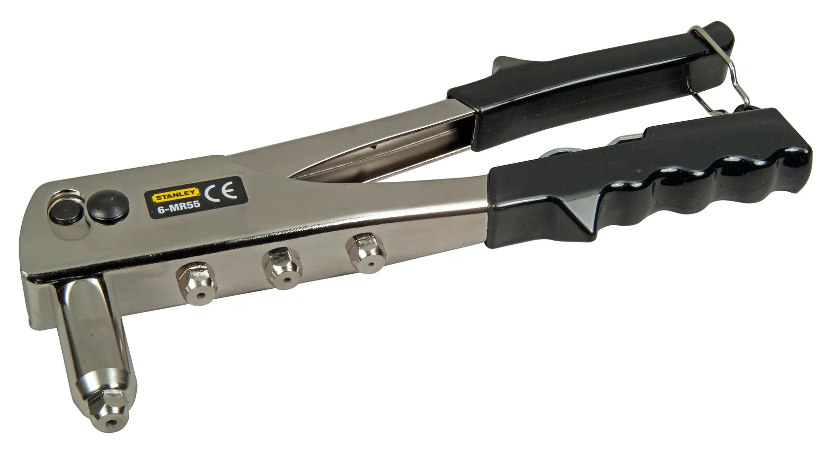 Rivettatrice manuale STANLEY 6-MR55 con manici ergonomici neri, vista laterale su sfondo bianco.