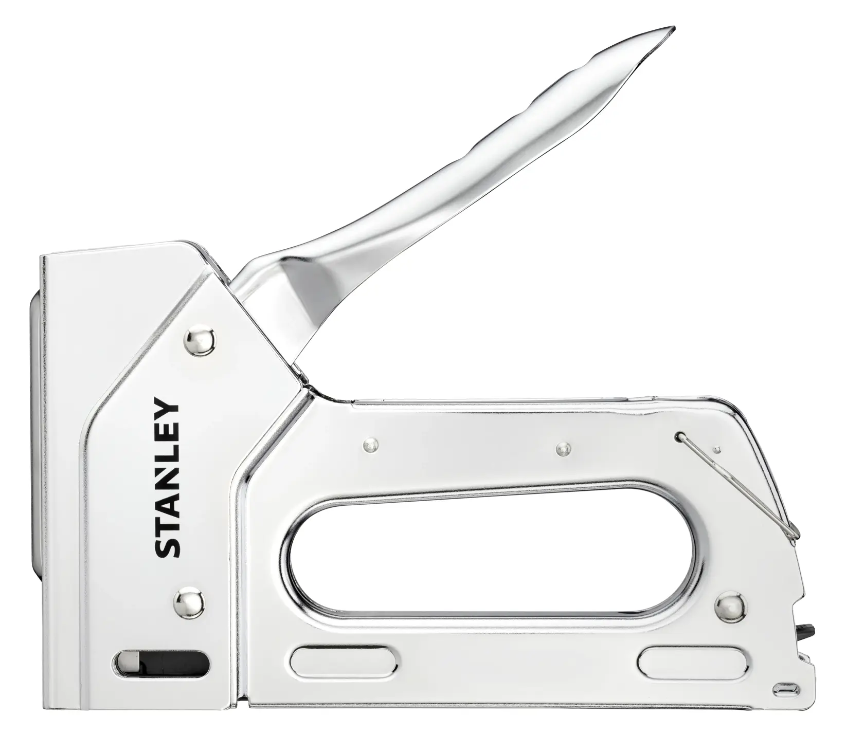 Pinzatrice manuale pesante STANLEY 6-TR110 in metallo argentato, vista laterale, sfondo bianco.