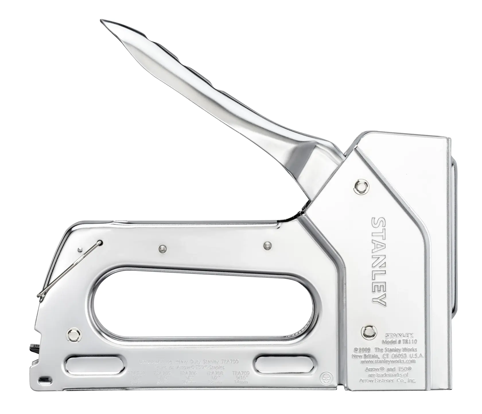 STANLEY 6-TR110 cucitrice pesante vista laterale, finitura cromata, grande manico, struttura in metallo, su sfondo bianco.
