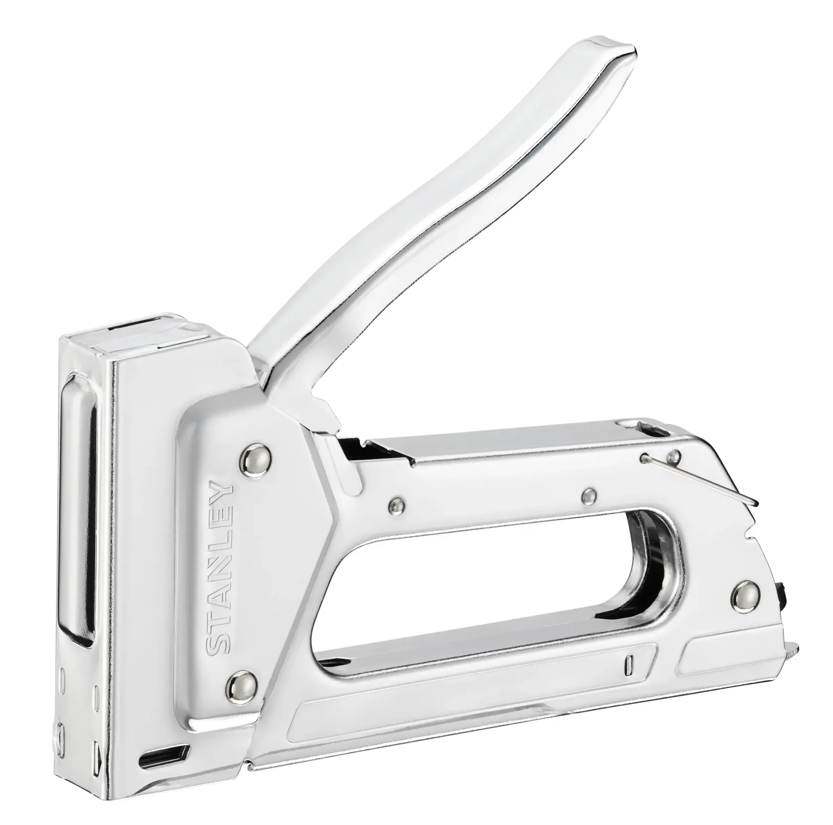 STANLEY 6-TR45 cucitrice manuale argentata vista laterale su sfondo bianco.