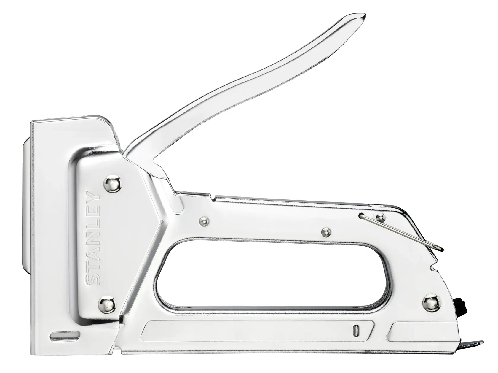 Foto della pinzatrice in metallo resistente STANLEY 6-TR45, vista laterale su sfondo bianco.
