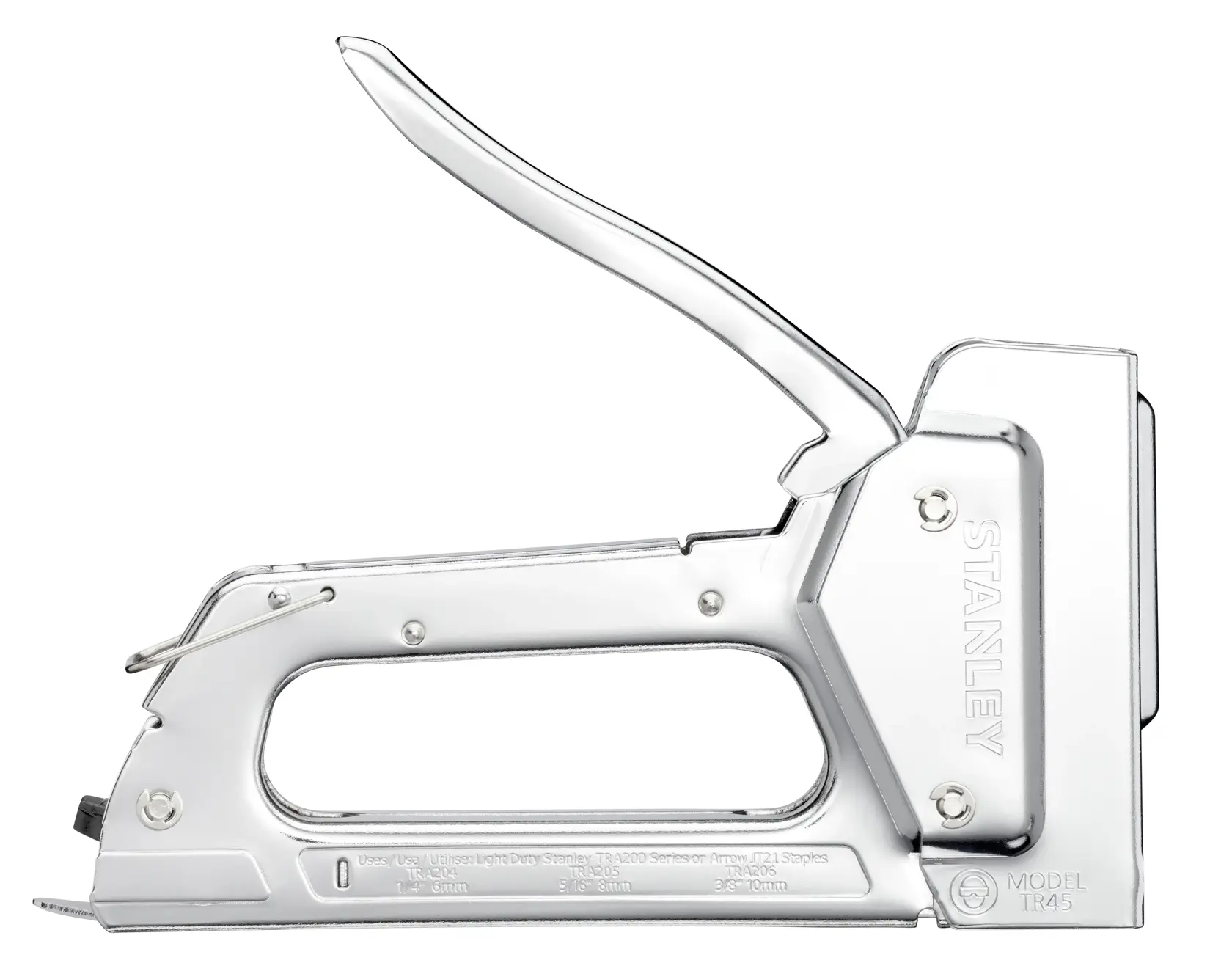 STANLEY 6-TR45 cucitrice manuale leggera in metallo argentato, vista laterale su sfondo bianco.