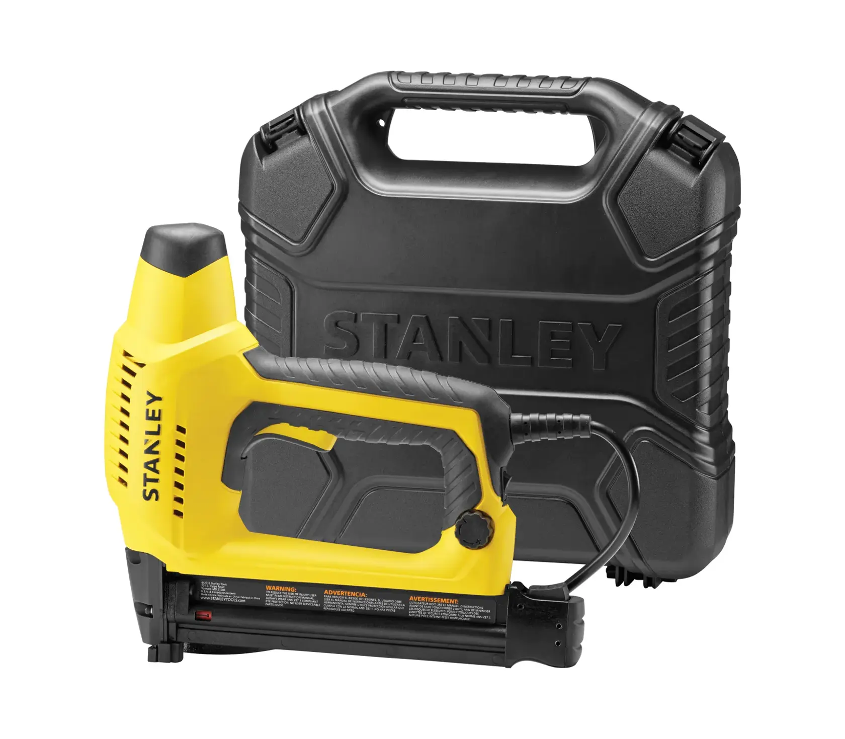 Foto di chiodatrice elettrica STANLEY 6-TRE650 con valigetta rigida nera, vista frontale angolata su sfondo bianco.