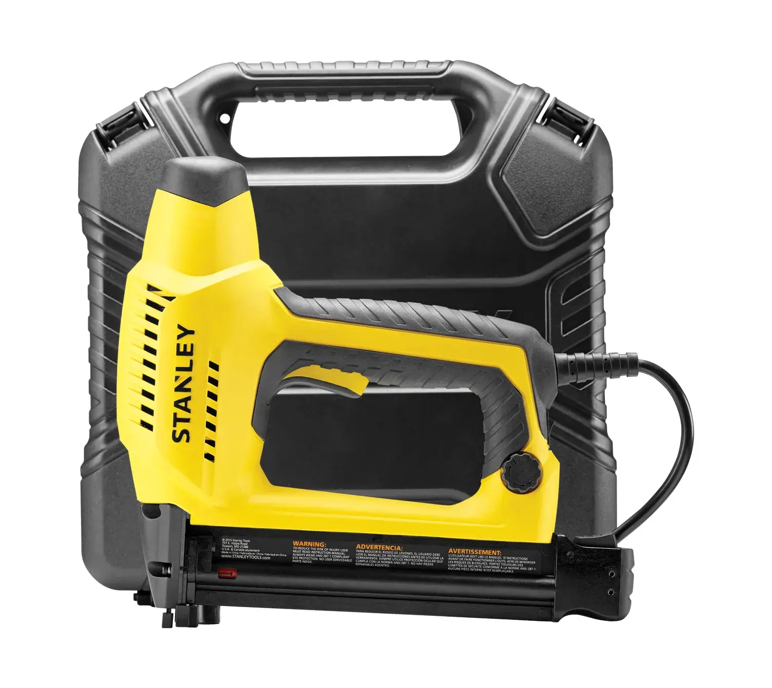 Pistola sparachiodi elettrica STANLEY 6-TRE650, corpo giallo e nero, vista frontale, davanti a una valigetta rigida.