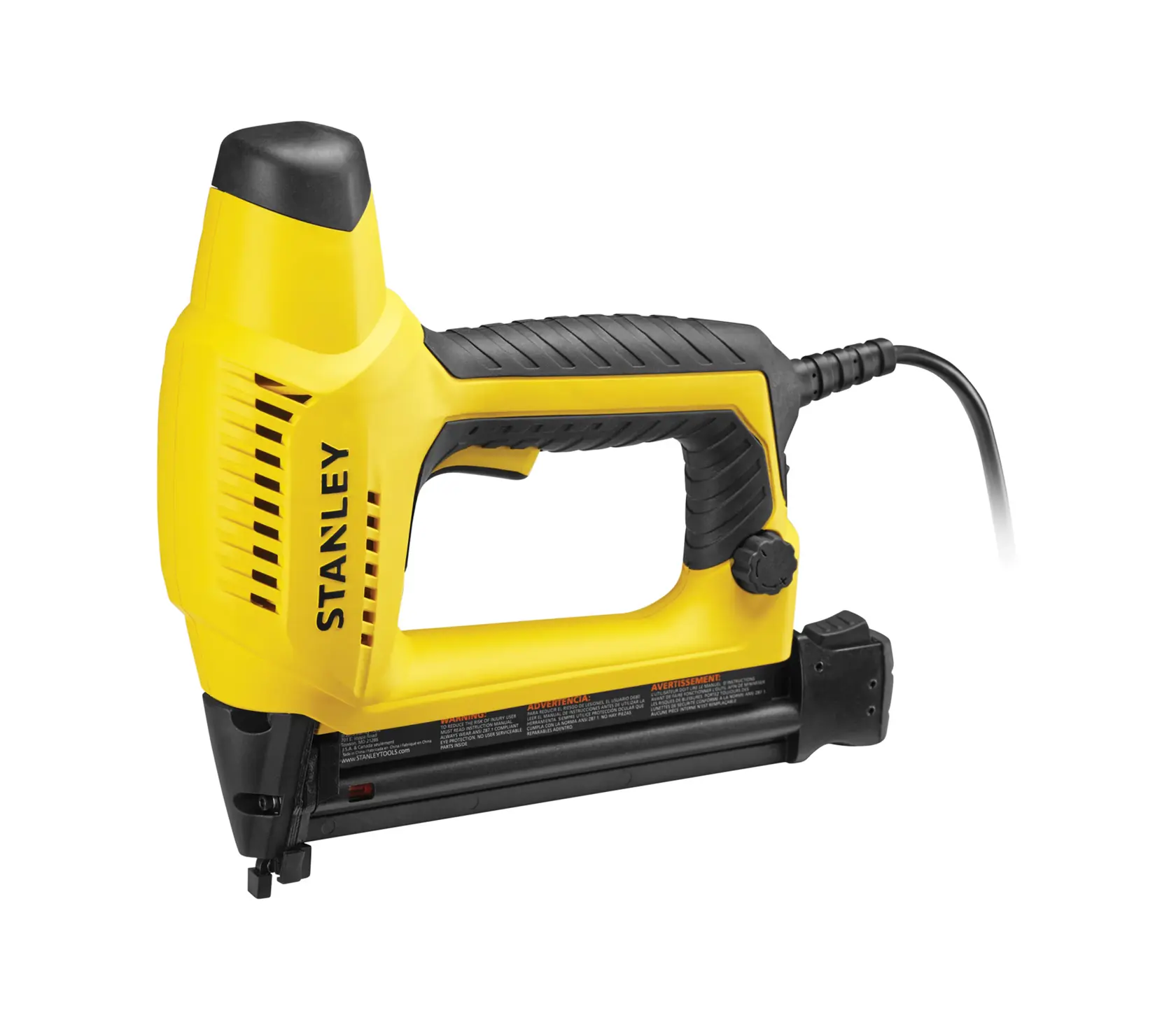 STANLEY 6-TRE650 chiodatrice elettrica vista laterale, gialla e nera con cavo, fotografia su sfondo bianco.
