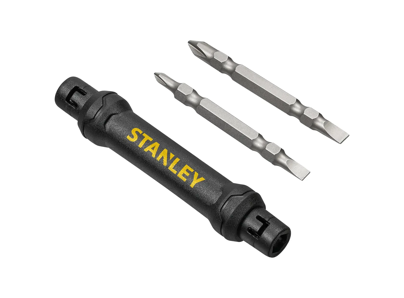 STANLEY 66-344M manico di cacciavite nero doppio con due inserti doppia punta, vista dall'alto.