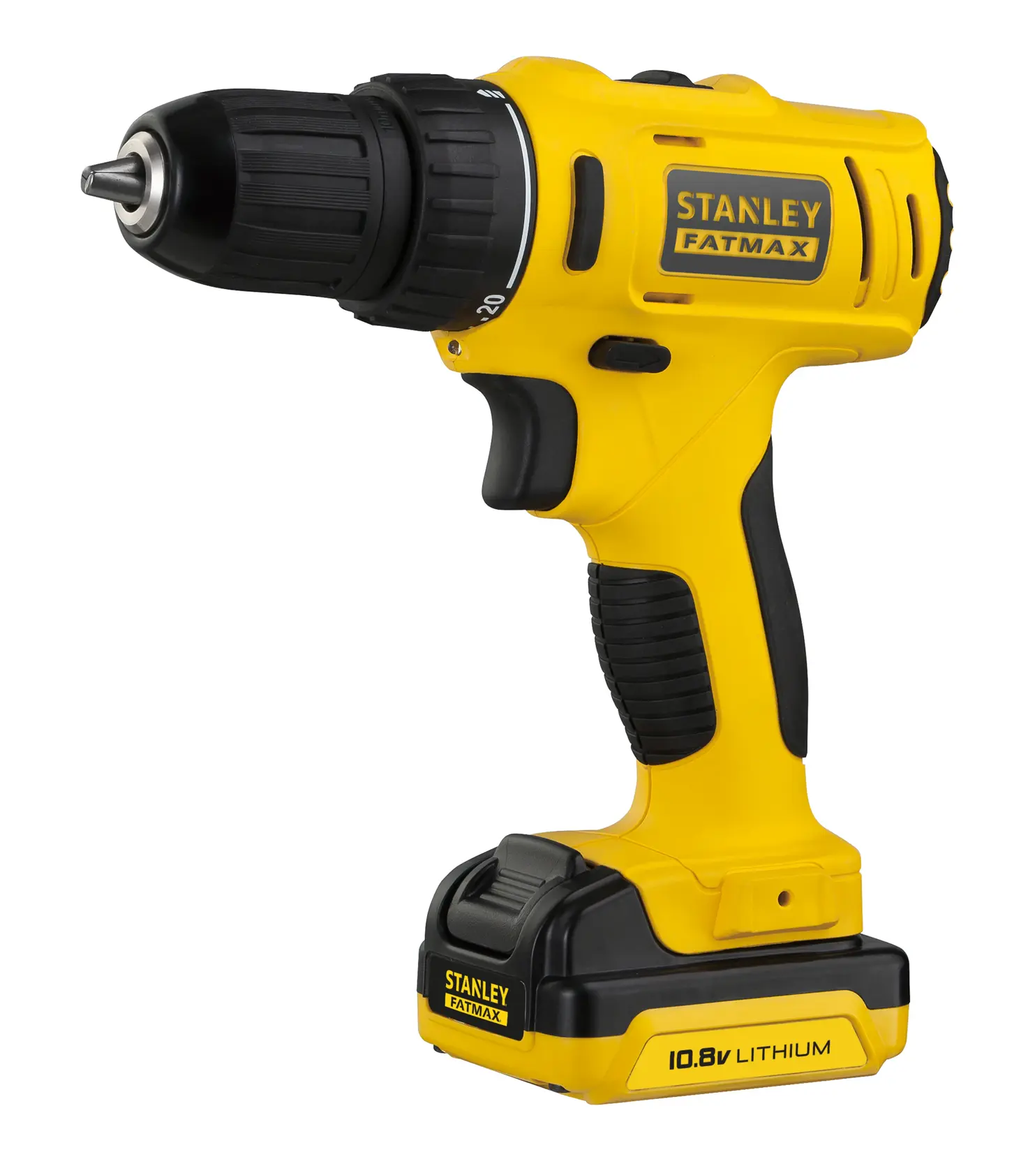 Trapano senza fili STANLEY FMC011S2, giallo e nero, angolo laterale, con batteria al litio 10,8V.
