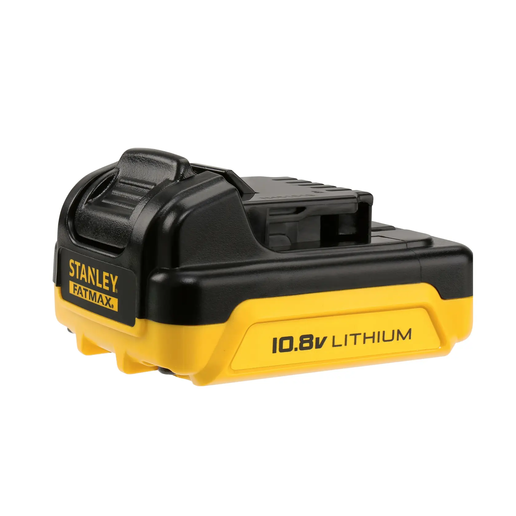 STANLEY FMC011S2 batteria al litio 10,8V, gialla e nera, vista frontale angolata, prodotto fotografico.