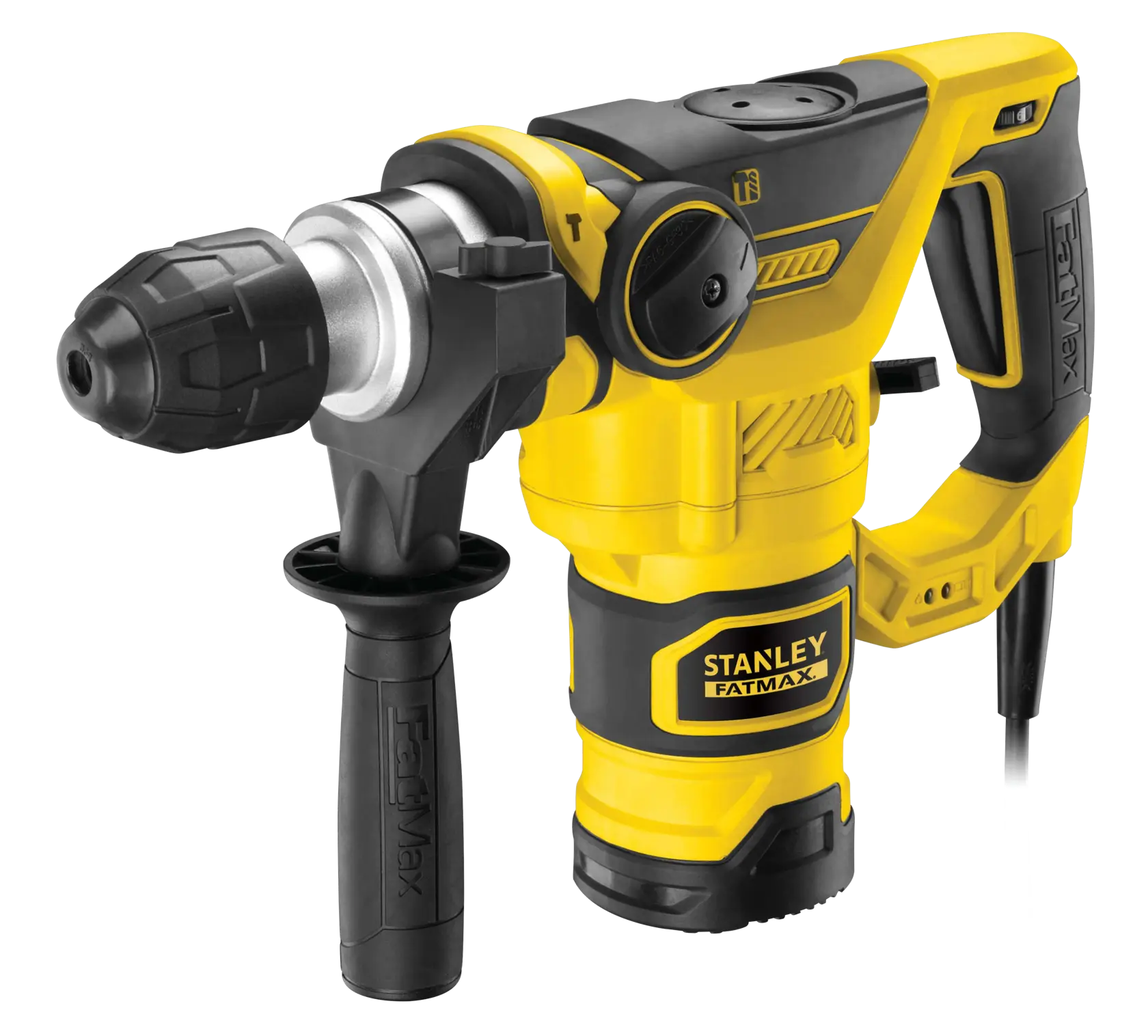 STANLEY FME1250K martello rotante giallo e nero, angolo frontale su sfondo bianco.