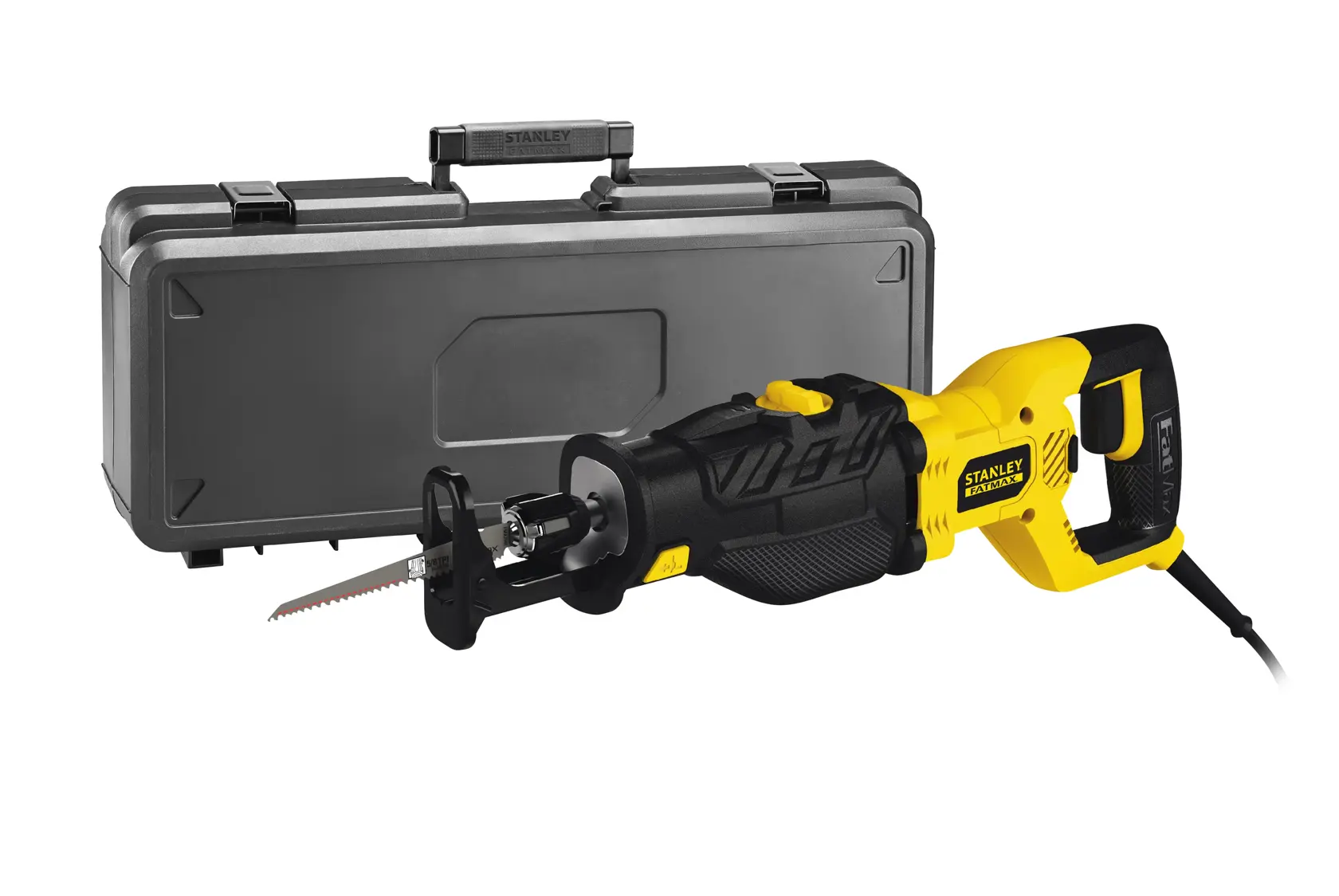 STANLEY FME365K sega a sciabola gialla e nera con valigetta rigida, vista laterale.
