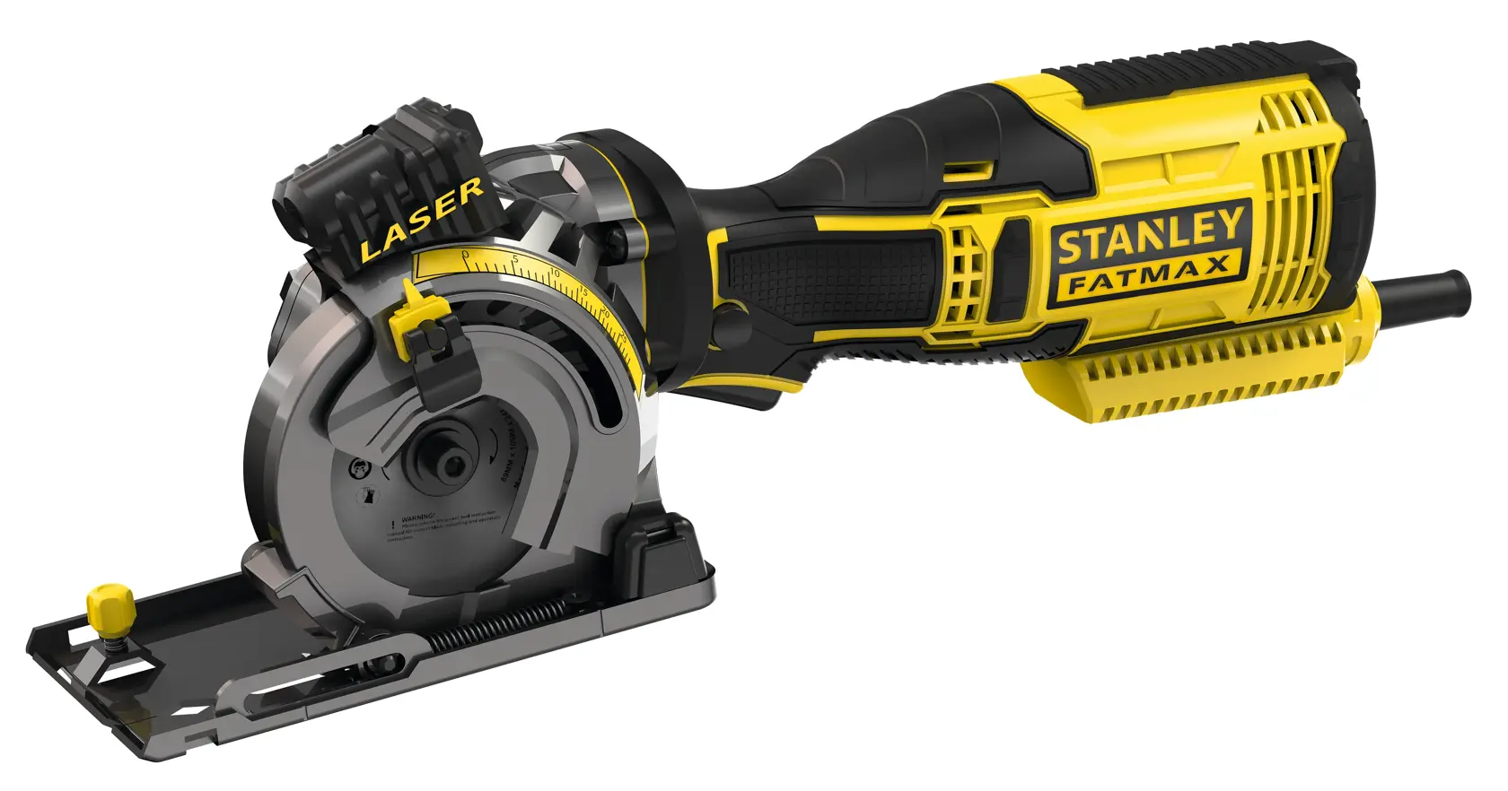 Sega circolare compatta STANLEY FME380K con guida laser, corpo nero e giallo, vista laterale del prodotto.