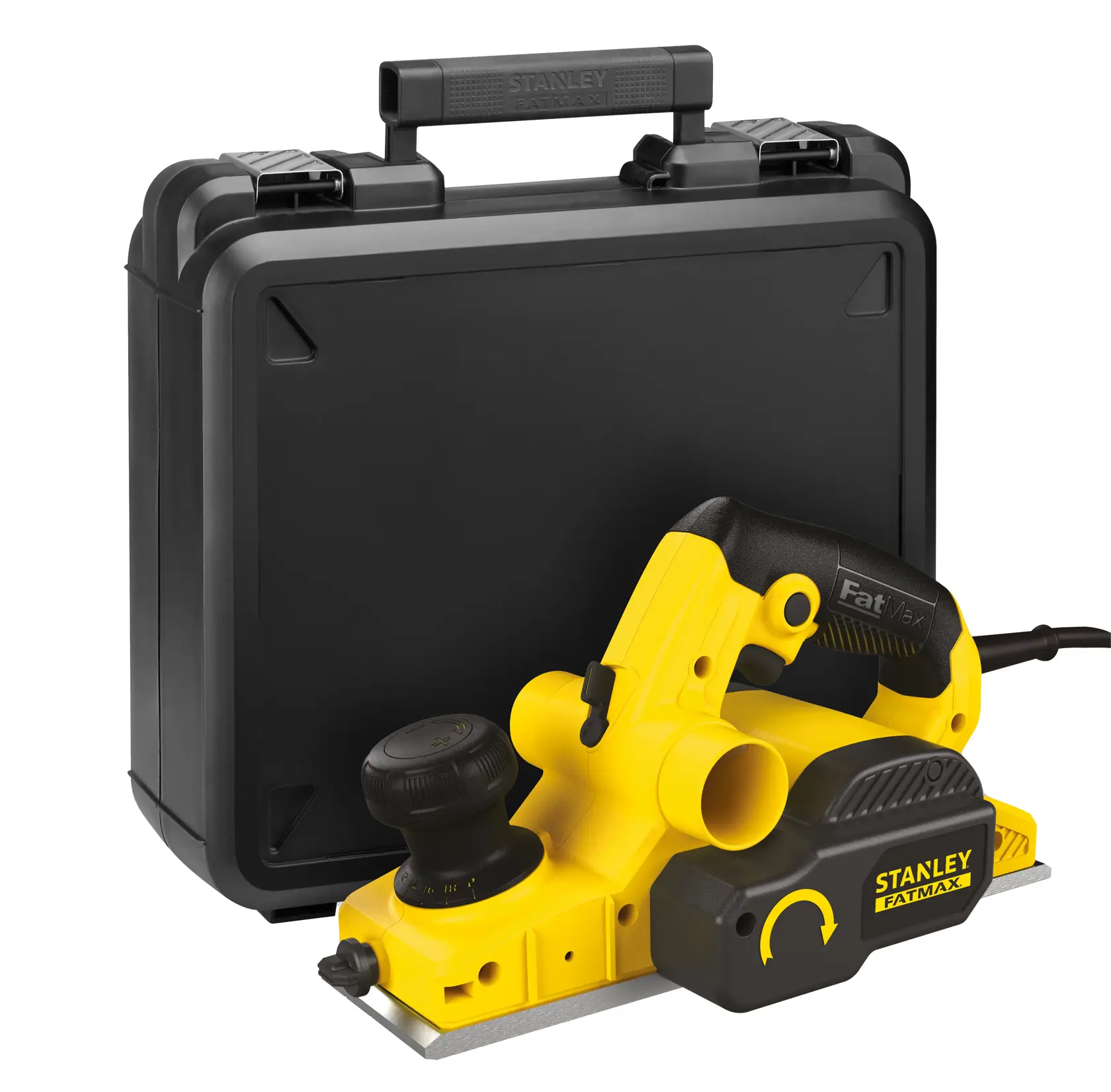 STANLEY FME630K pialla elettrica gialla e nera con valigetta, angolo frontale su sfondo bianco.