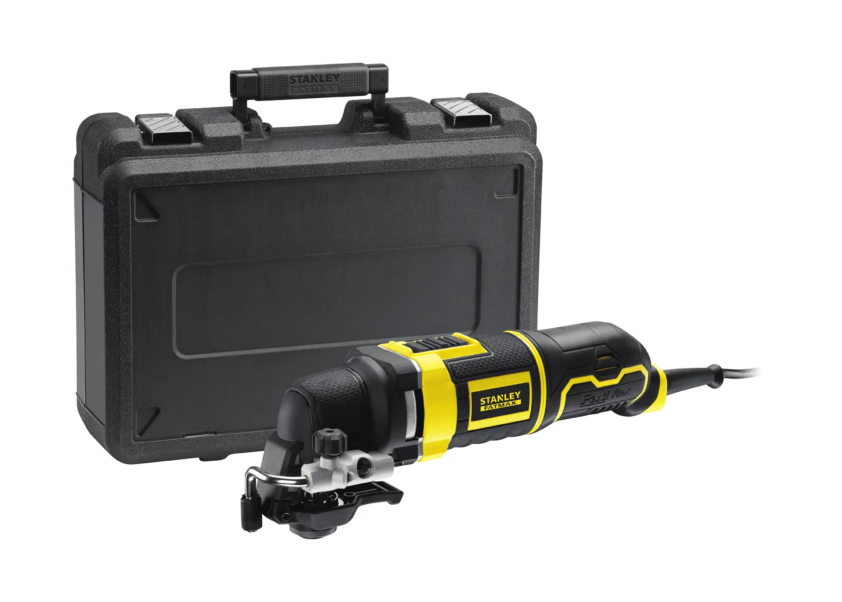 STANLEY FME650K utensile multifunzione oscillante nero e giallo con valigetta rigida, vista frontale su sfondo bianco.