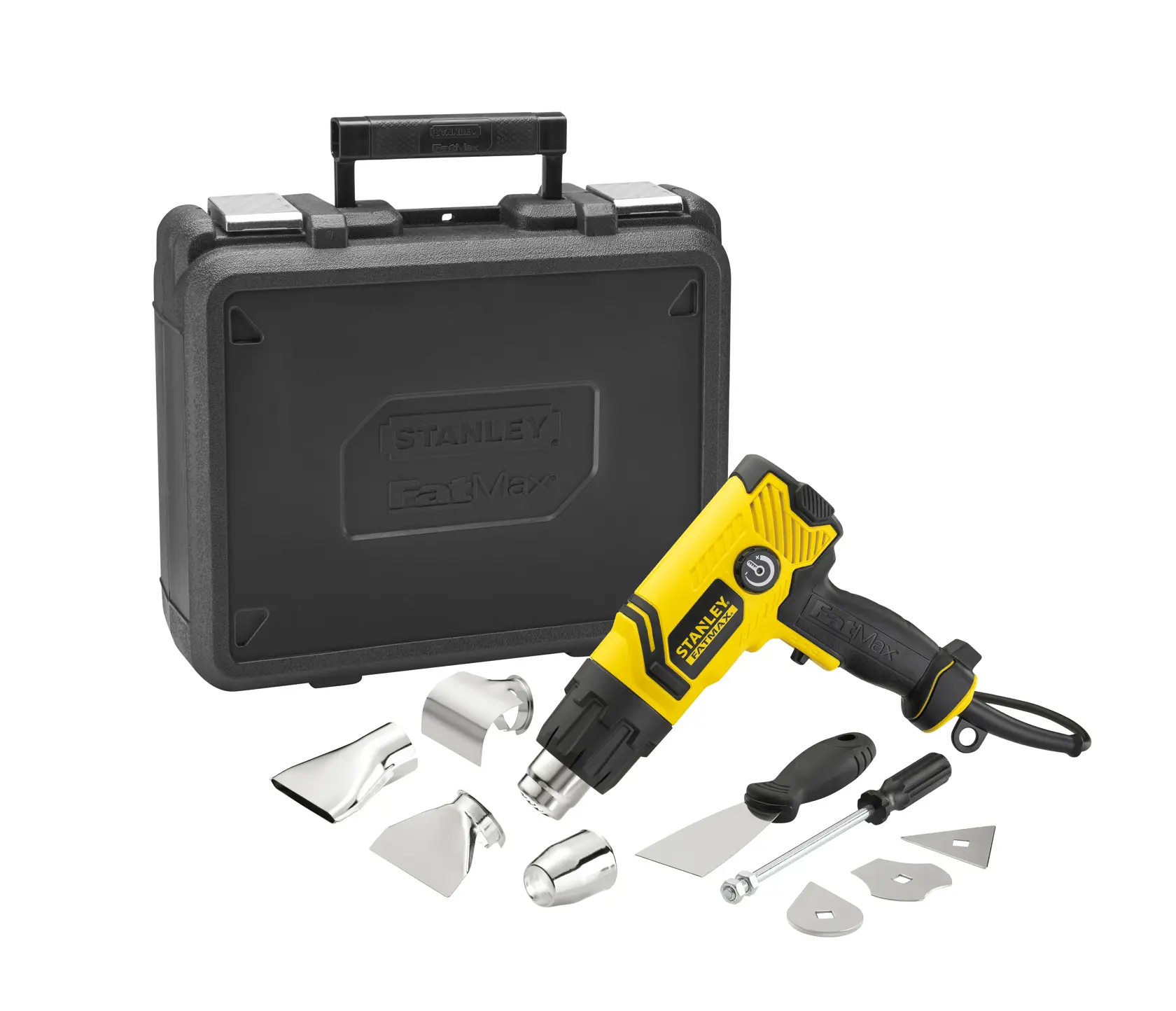 Kit pistola termica STANLEY FME670K con pistola giallo-nera, accessori e valigetta nera, vista frontale.