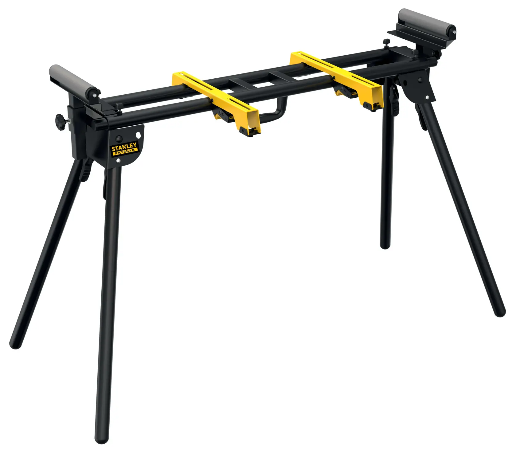 STANLEY FME790 supporto per troncatrice nero e giallo con gambe pieghevoli, vista angolare, sfondo bianco.