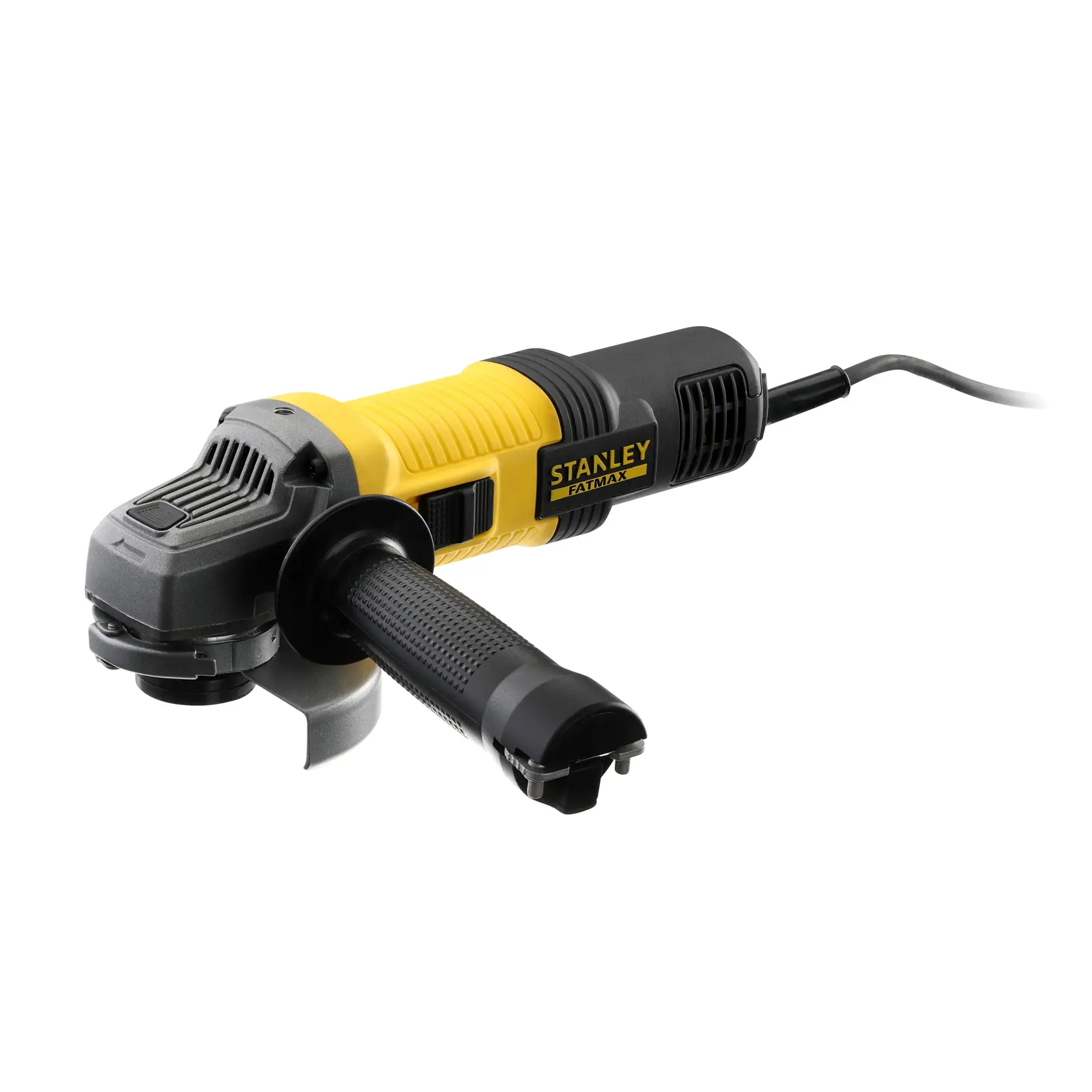 STANLEY FMEG210 smerigliatrice angolare con impugnatura laterale, gialla e nera, foto prodotto su sfondo bianco.