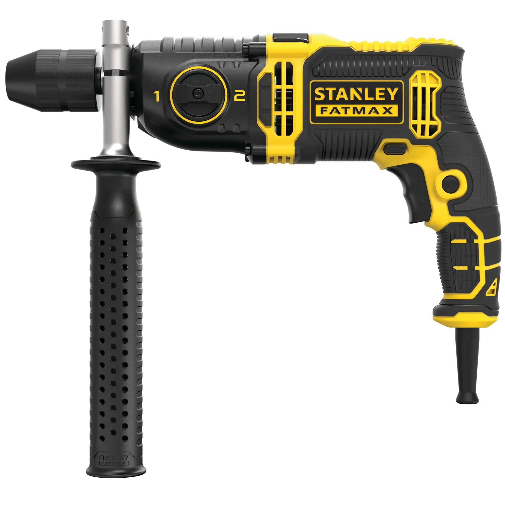 STANLEY FMEH1100K trapano a percussione con cavo, nero e giallo, angolo laterale, con manico ausiliario.