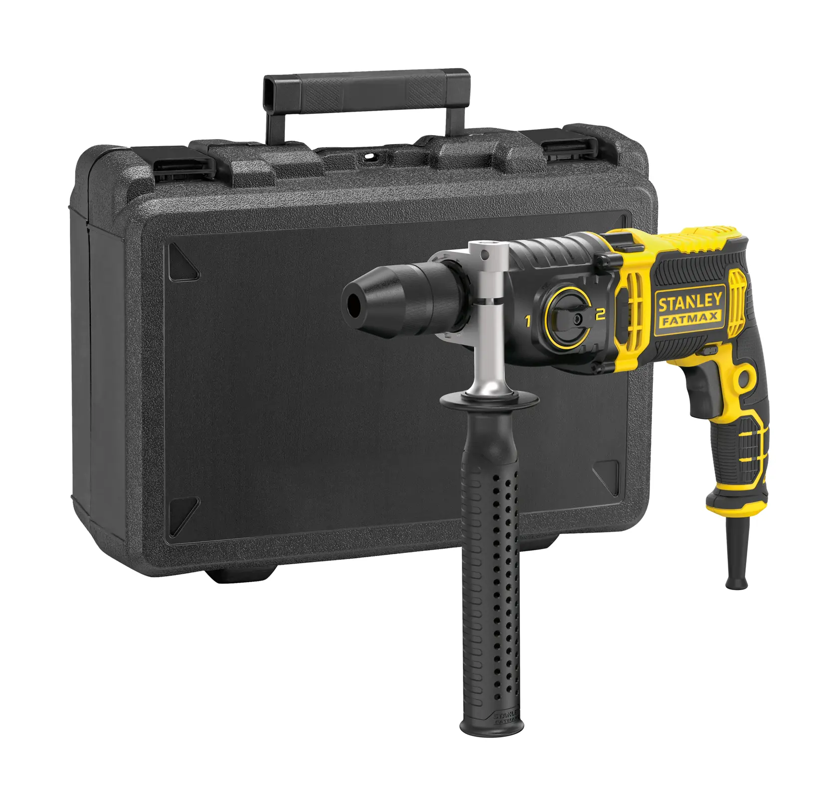 STANLEY FMEH1100K trapano a percussione nero e giallo con valigetta rigida, vista frontale.