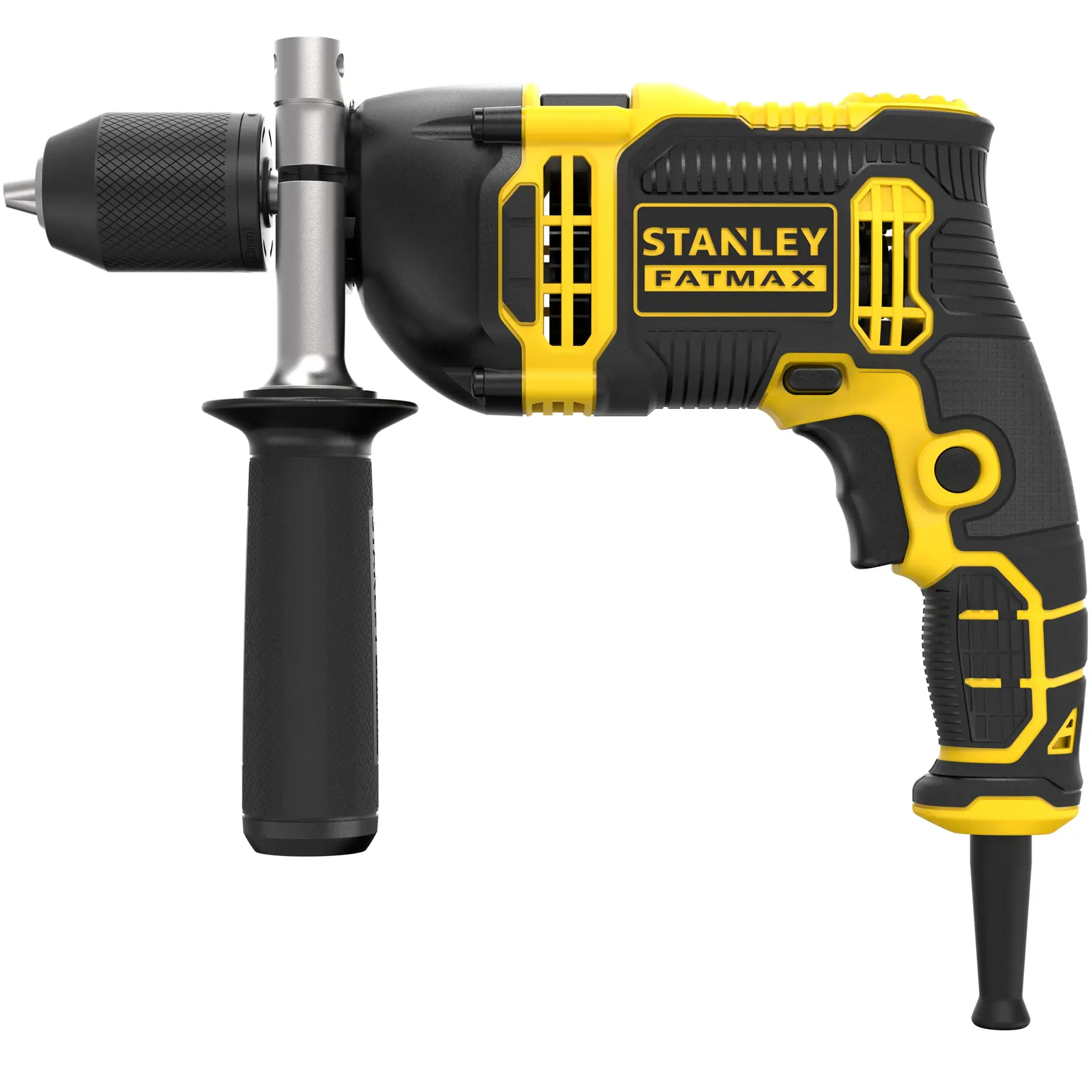 STANLEY FMEH750K trapano a percussione con cavo, giallo e nero, vista laterale, con impugnatura ausiliaria.