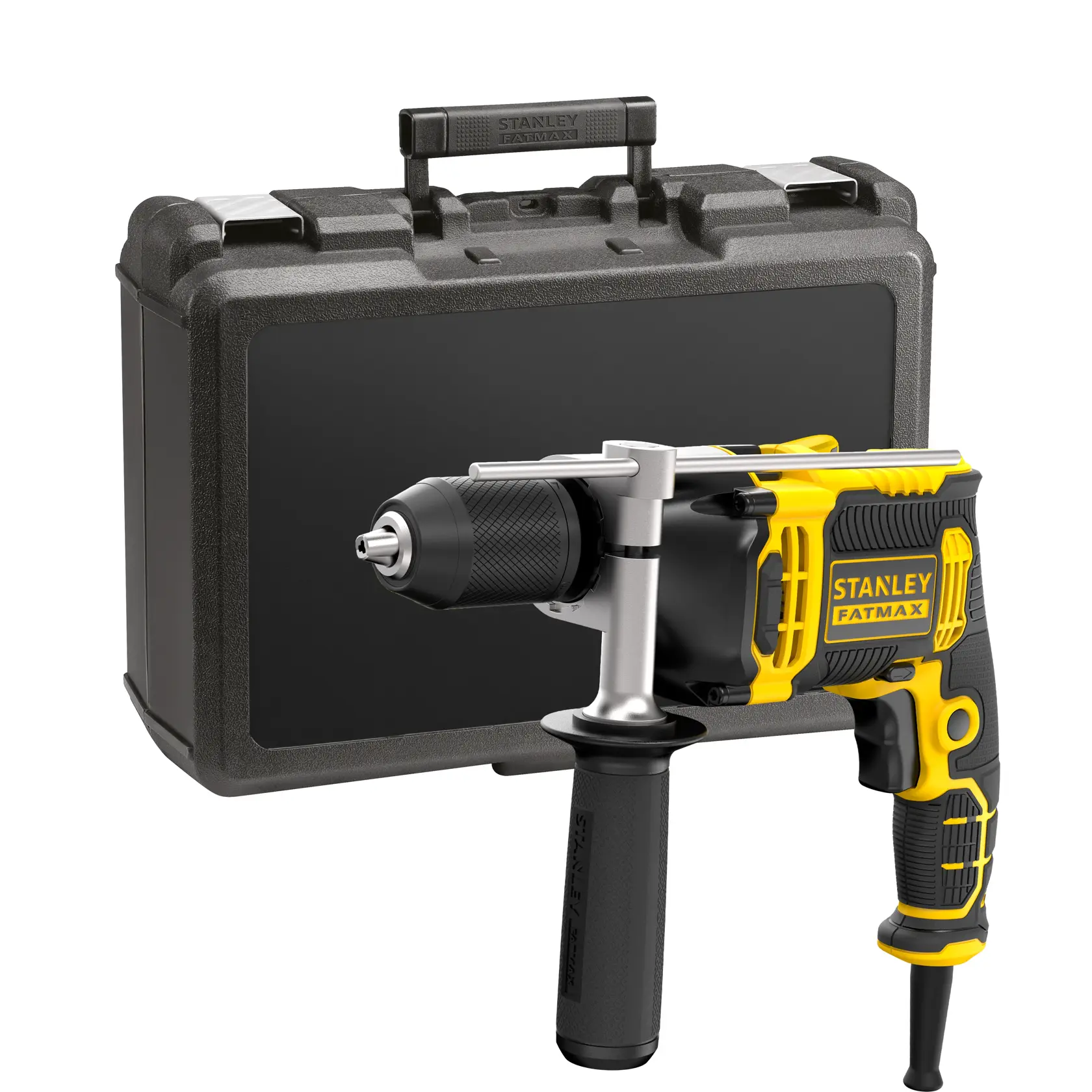 STANLEY FMEH750K trapano a percussione nero e giallo con valigetta, angolo frontale.