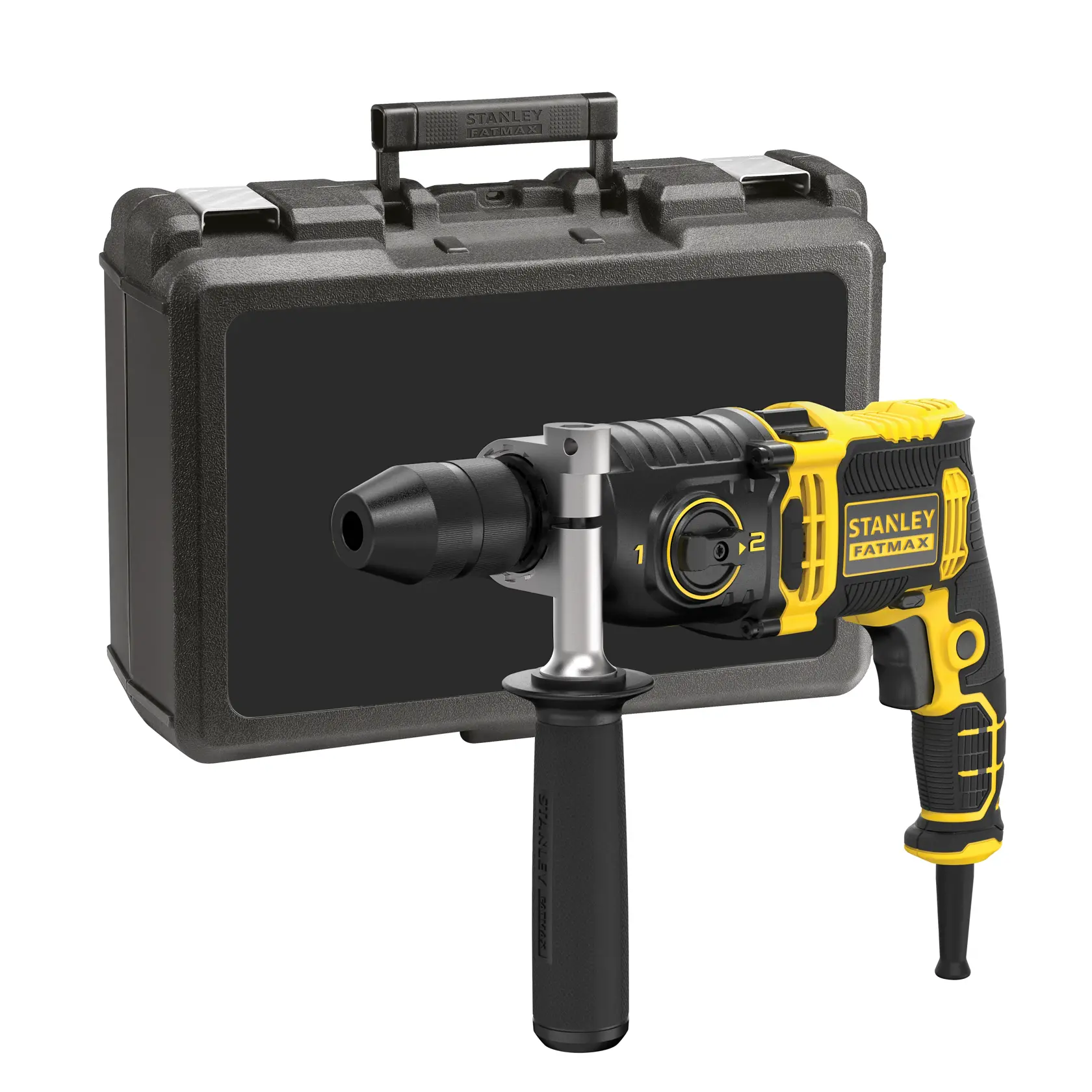 STANLEY FMEH850K martello rotativo con maniglia laterale e valigetta nera, angolo frontale.