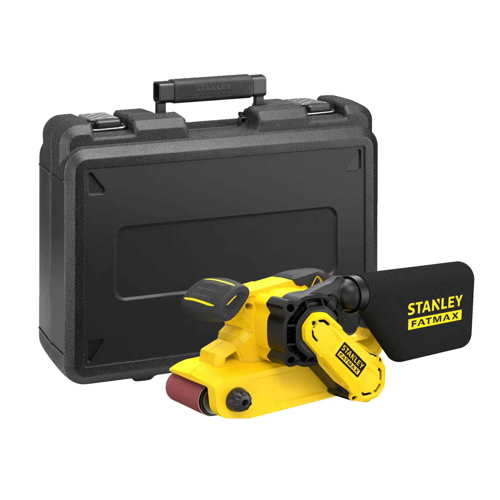 STANLEY FMEW204K-QS levigatrice a nastro con valigetta nera, vista frontale su sfondo bianco.