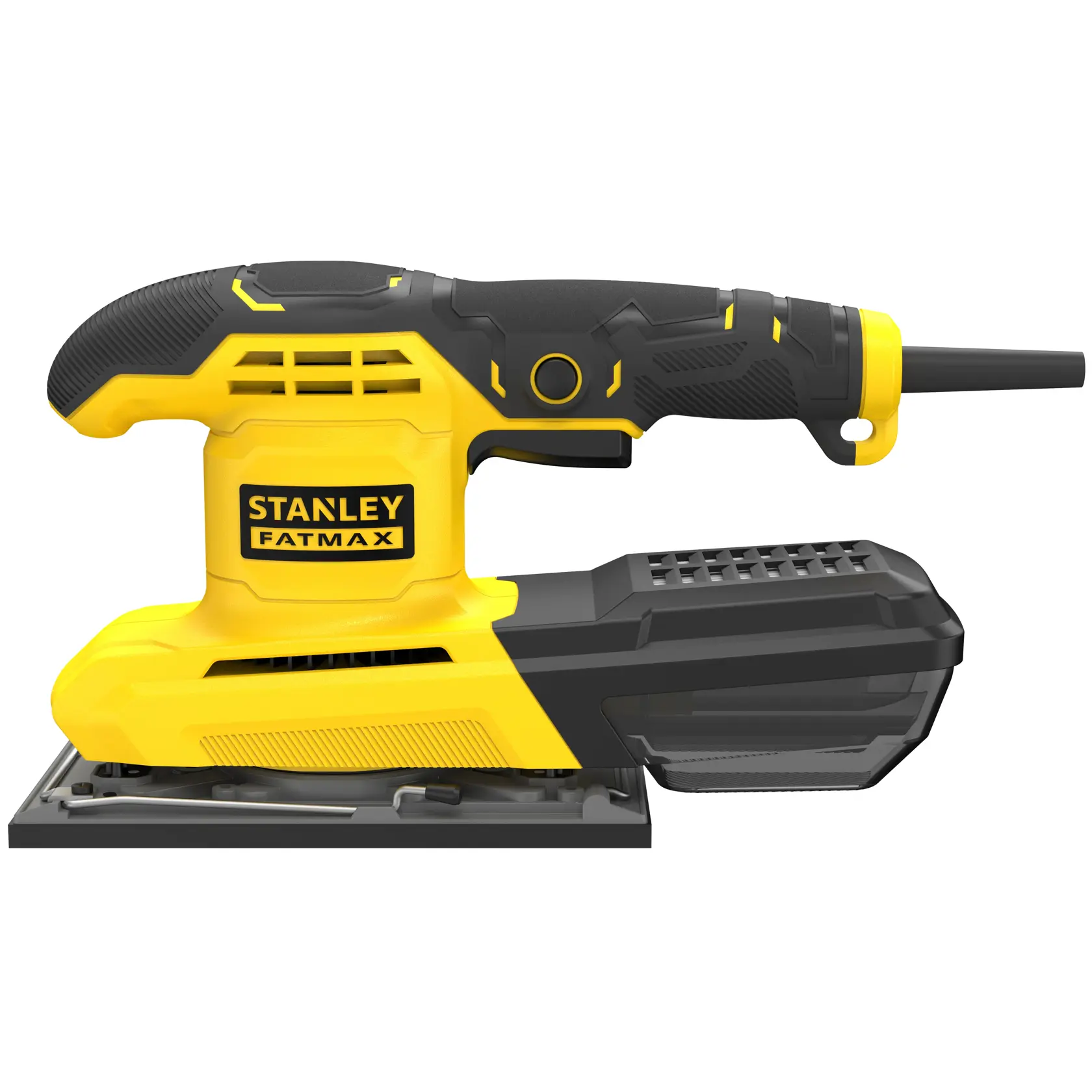 Levigatrice rettangolare STANLEY FMEW214K gialla e nera, vista laterale, con raccogli-polvere e impugnatura ergonomica.