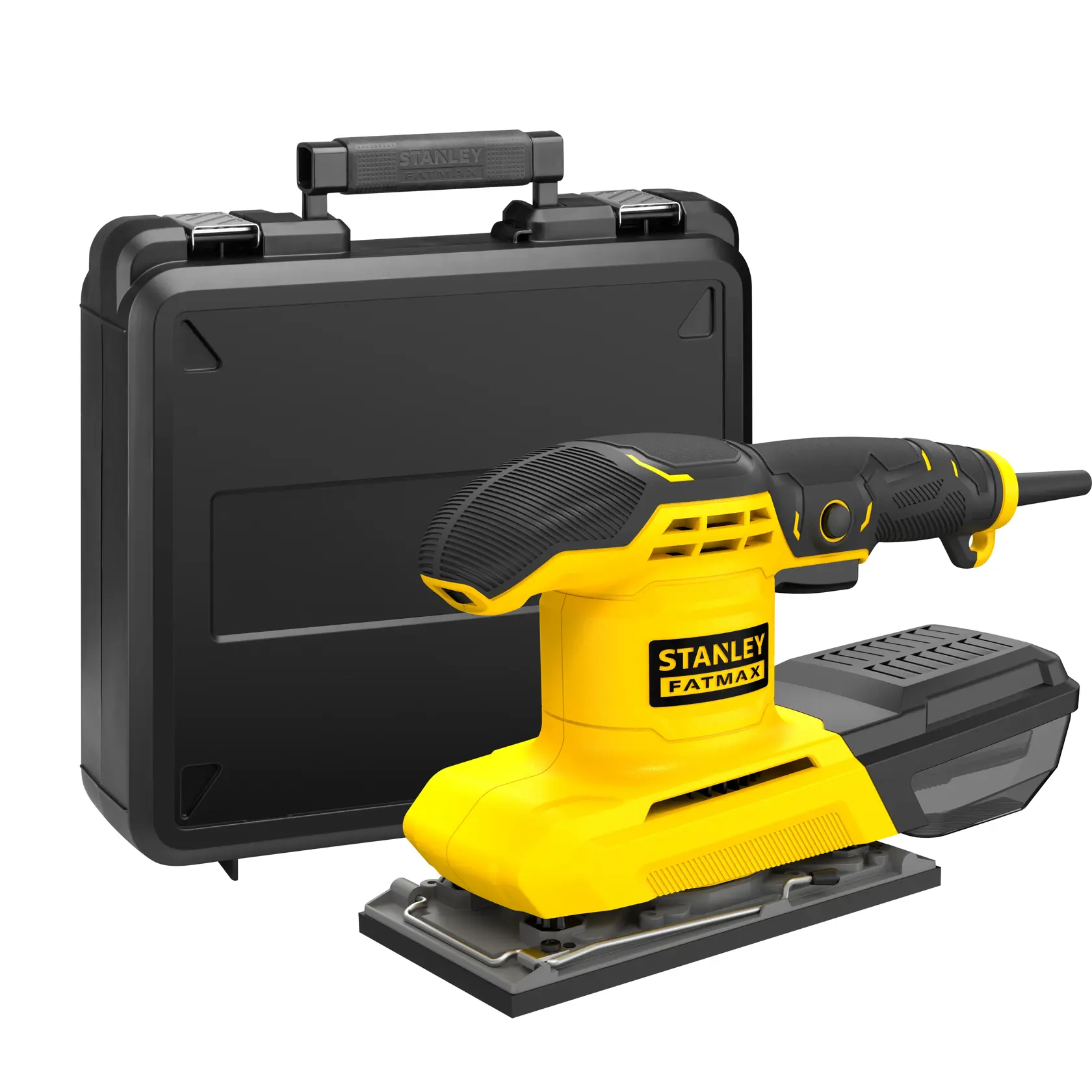 Stanley FMEW214K levigatrice gialla e nera con valigetta, vista frontale su sfondo bianco.