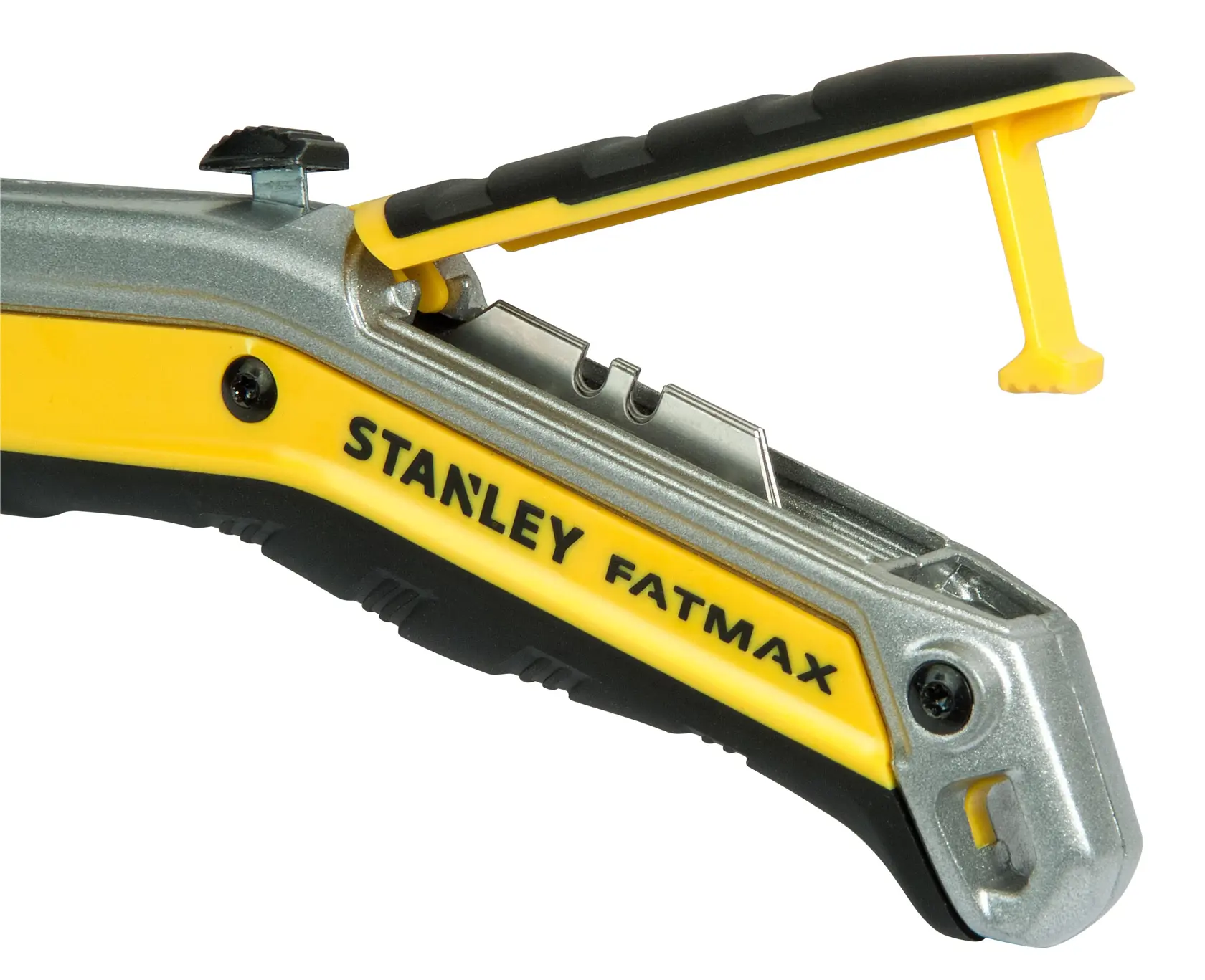 Foto del taglierino STANLEY FMHT0-10288, giallo e nero, vista laterale con vano lame aperto.