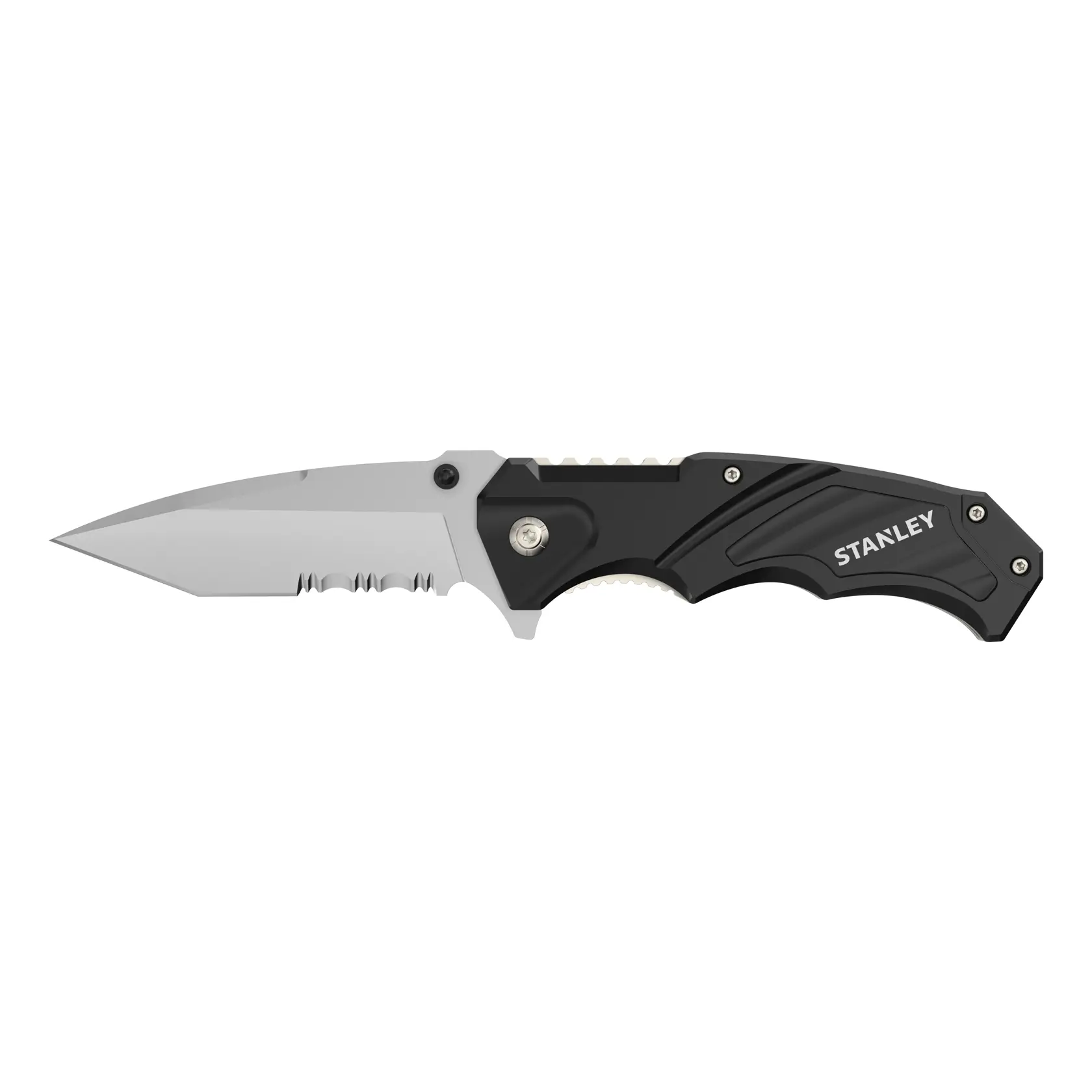 Stanley FMHT0-10311 coltello pieghevole, vista laterale, corpo metallico, impugnatura nera, posizione chiusa.