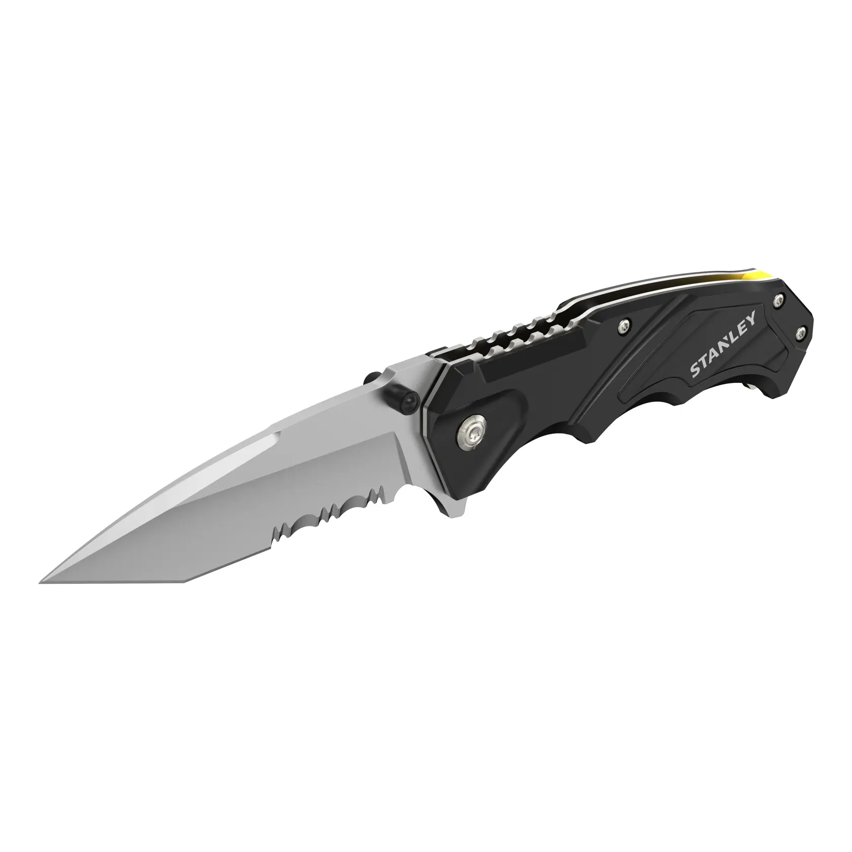 STANLEY FMHT0-10311 coltello pieghevole, vista laterale, manico nero e metallico, lama parzialmente dentata.