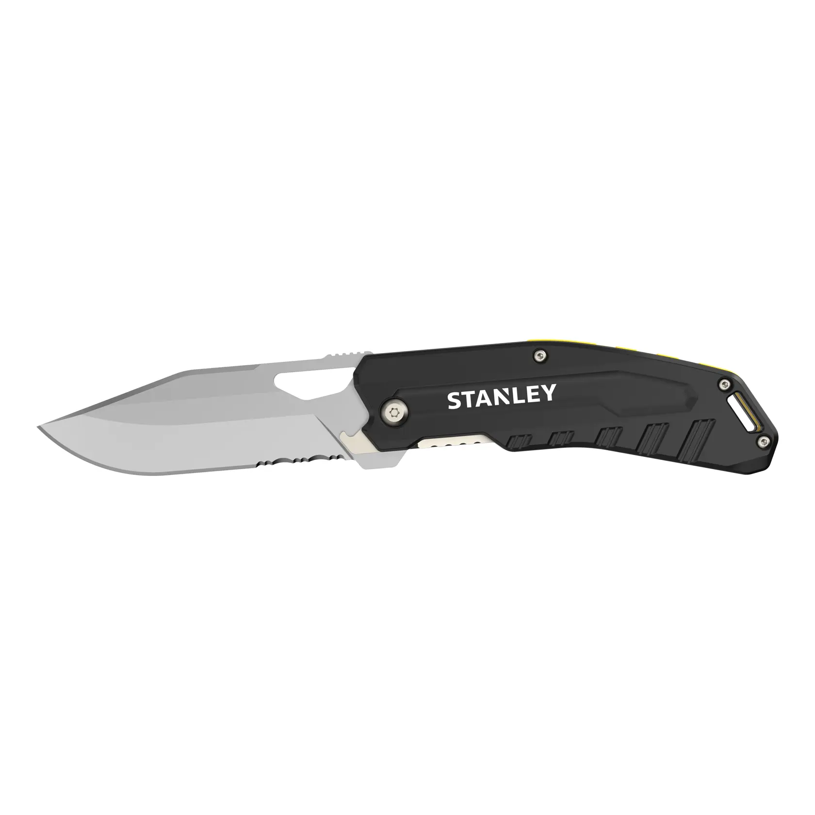 Foto del taglierino pieghevole STANLEY FMHT0-10312, chiuso, manico grigio metallizzato, su sfondo bianco.