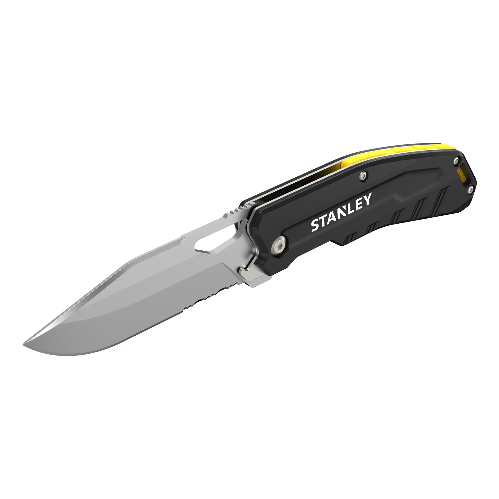STANLEY FMHT0-10312 coltello pieghevole, manico grigio, lama nera, vista laterale prodotto, fotografia.