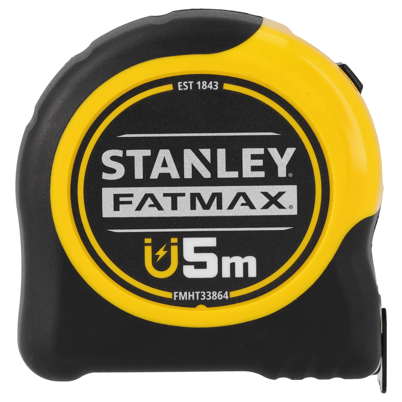 Foto del metro a nastro STANLEY FMHT0-33864 FATMAX 5m, nero e giallo, vista frontale su sfondo bianco.