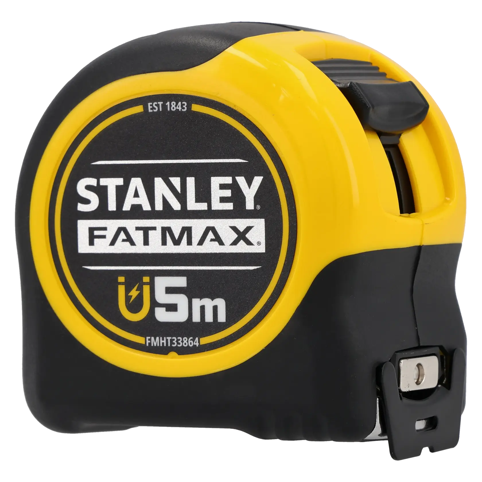 Foto di STANLEY FMHT0-33864 FATMAX metro a nastro 5m, custodia nera e gialla, vista laterale su sfondo bianco.