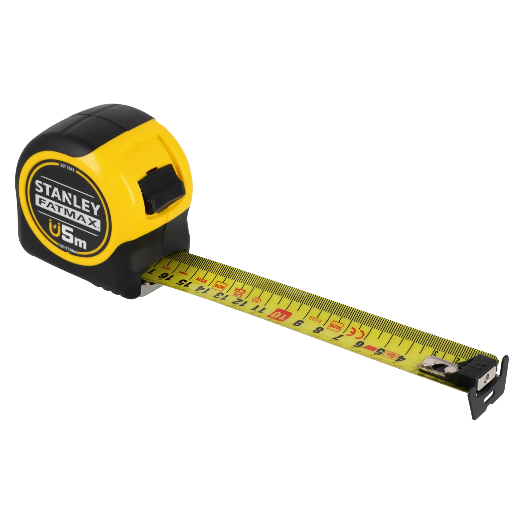 STANLEY FATMAX FMHT0-33864 metro a nastro, 5 m, custodia gialla e nera, nastro esteso, vista frontale.