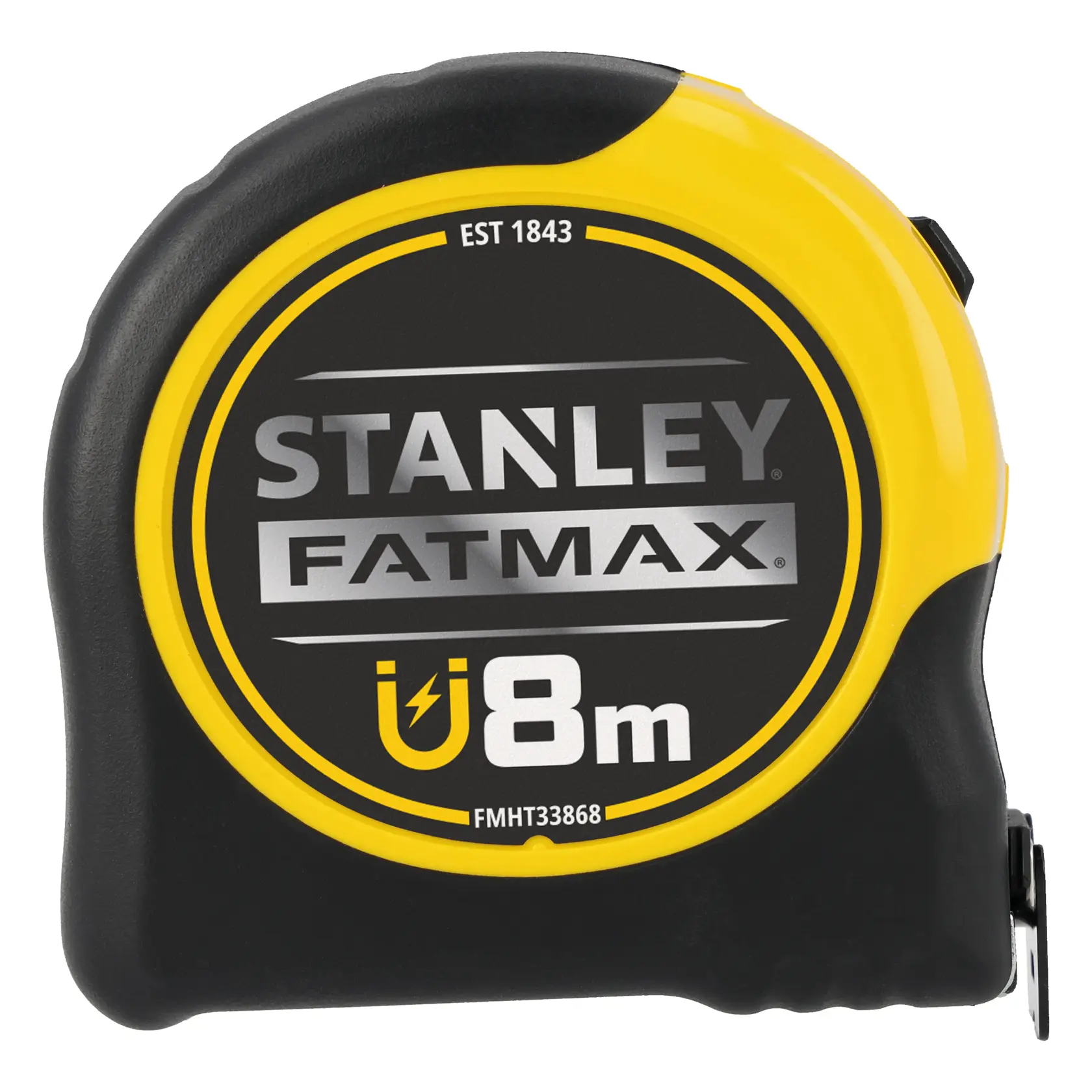 Fotografia del metro a nastro STANLEY FMHT0-33868, nero e giallo, 8 m, vista frontale su sfondo bianco.