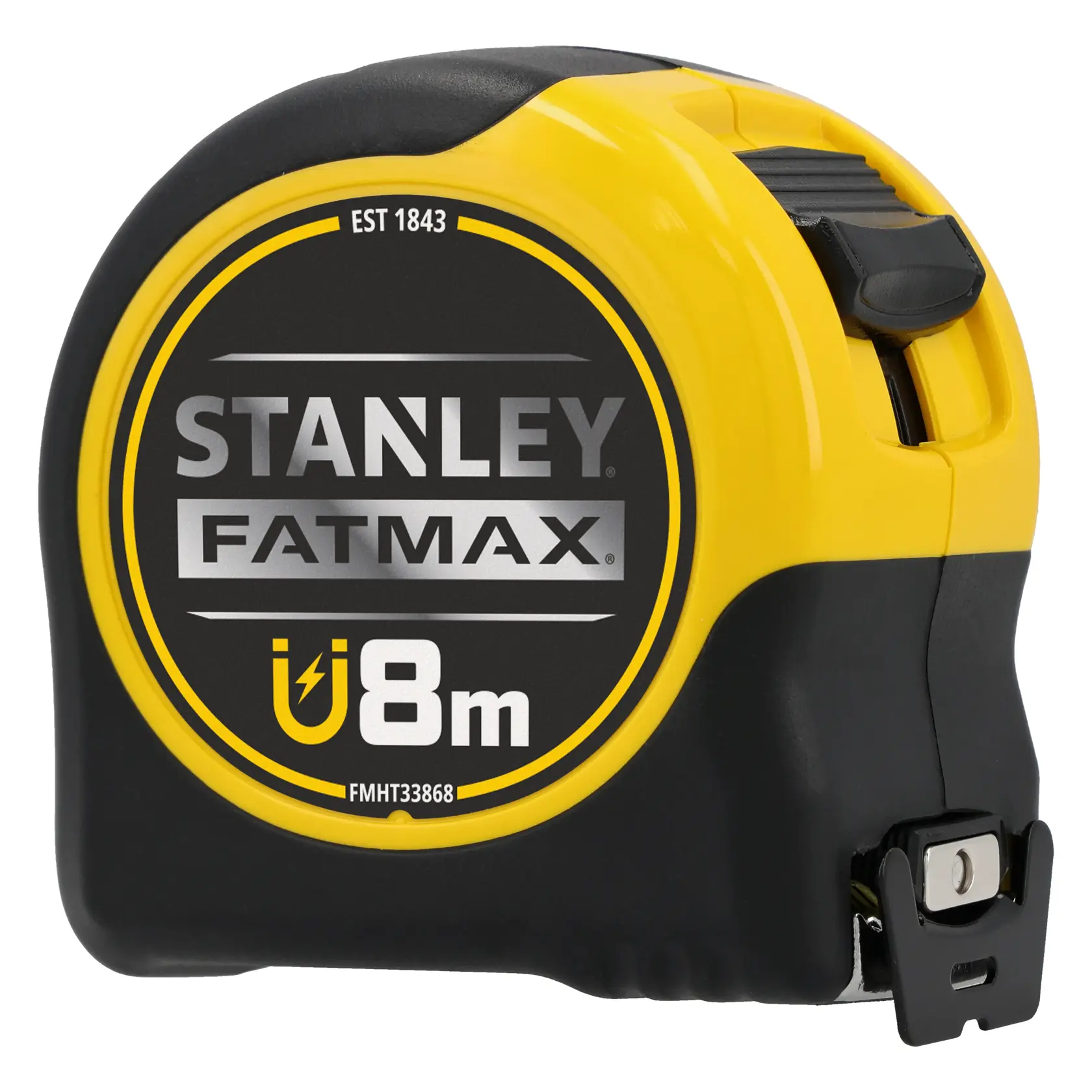 STANLEY FATMAX FMHT0-33868 metro a nastro, 8m, custodia gialla e nera, vista frontale su sfondo bianco.