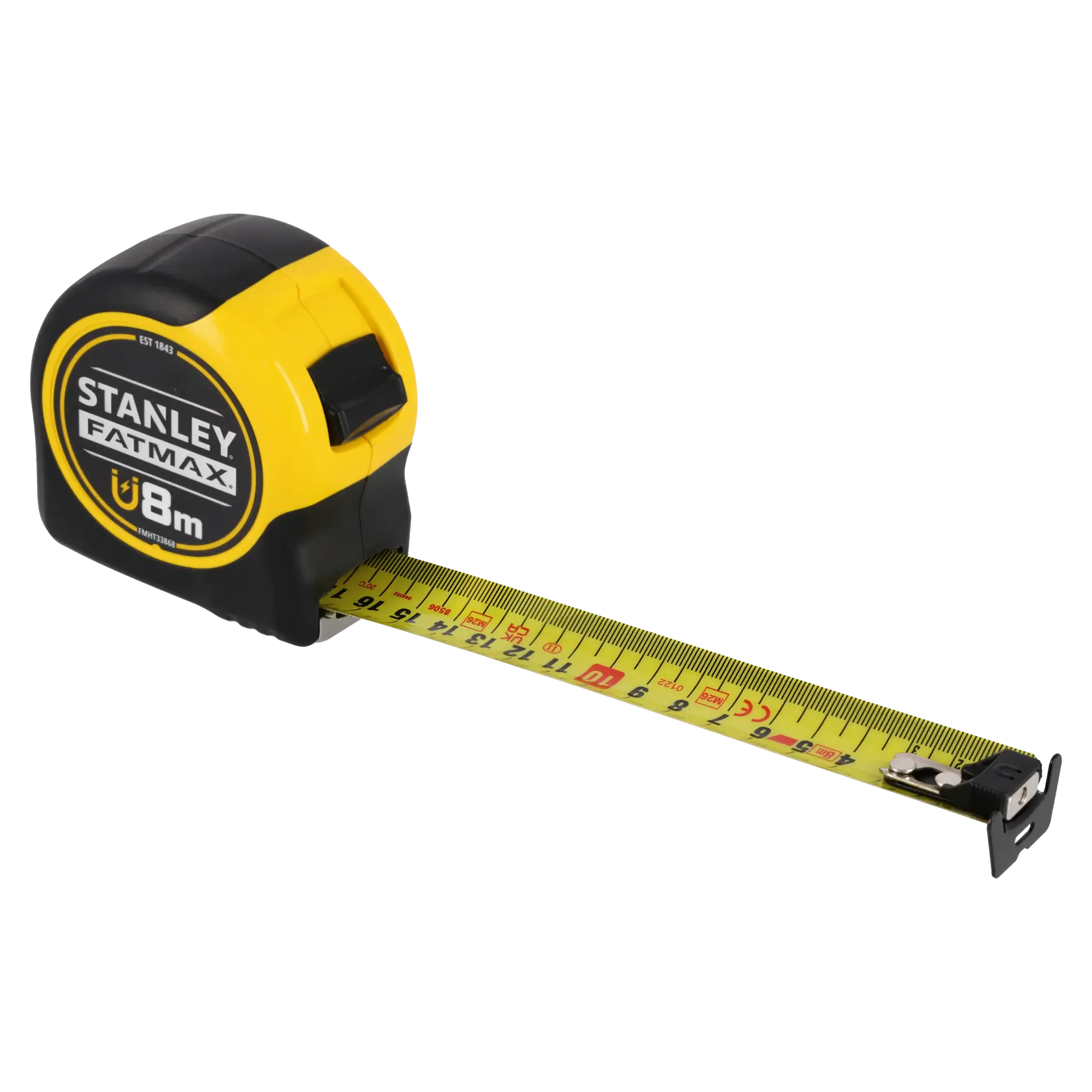 STANLEY FMHT0-33868 metro a nastro, giallo e nero, 8 m, vista laterale su sfondo bianco.