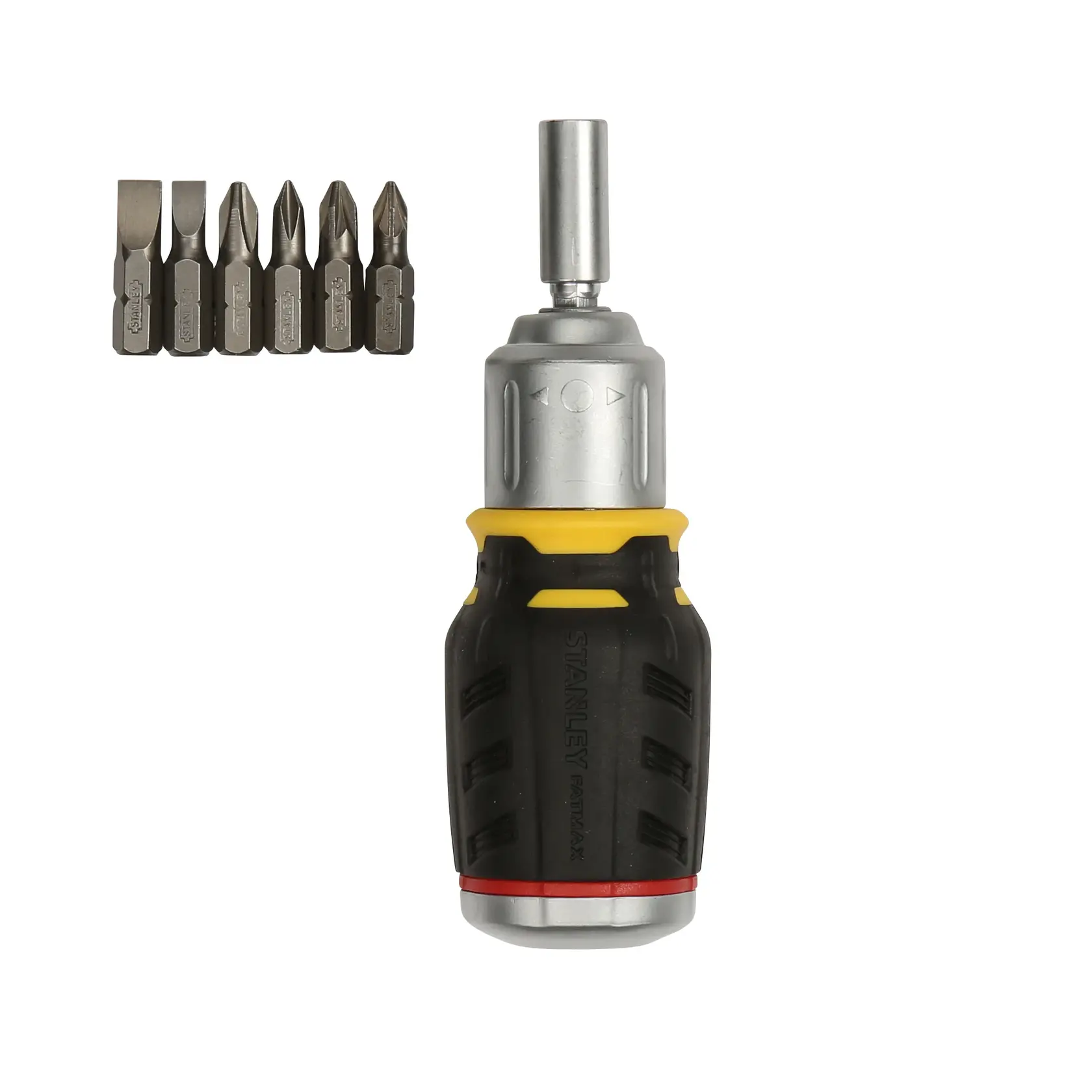 Cacciavite a cricchetto STANLEY FMHT0-62688 con sei inserti intercambiabili, vista frontale su sfondo bianco.