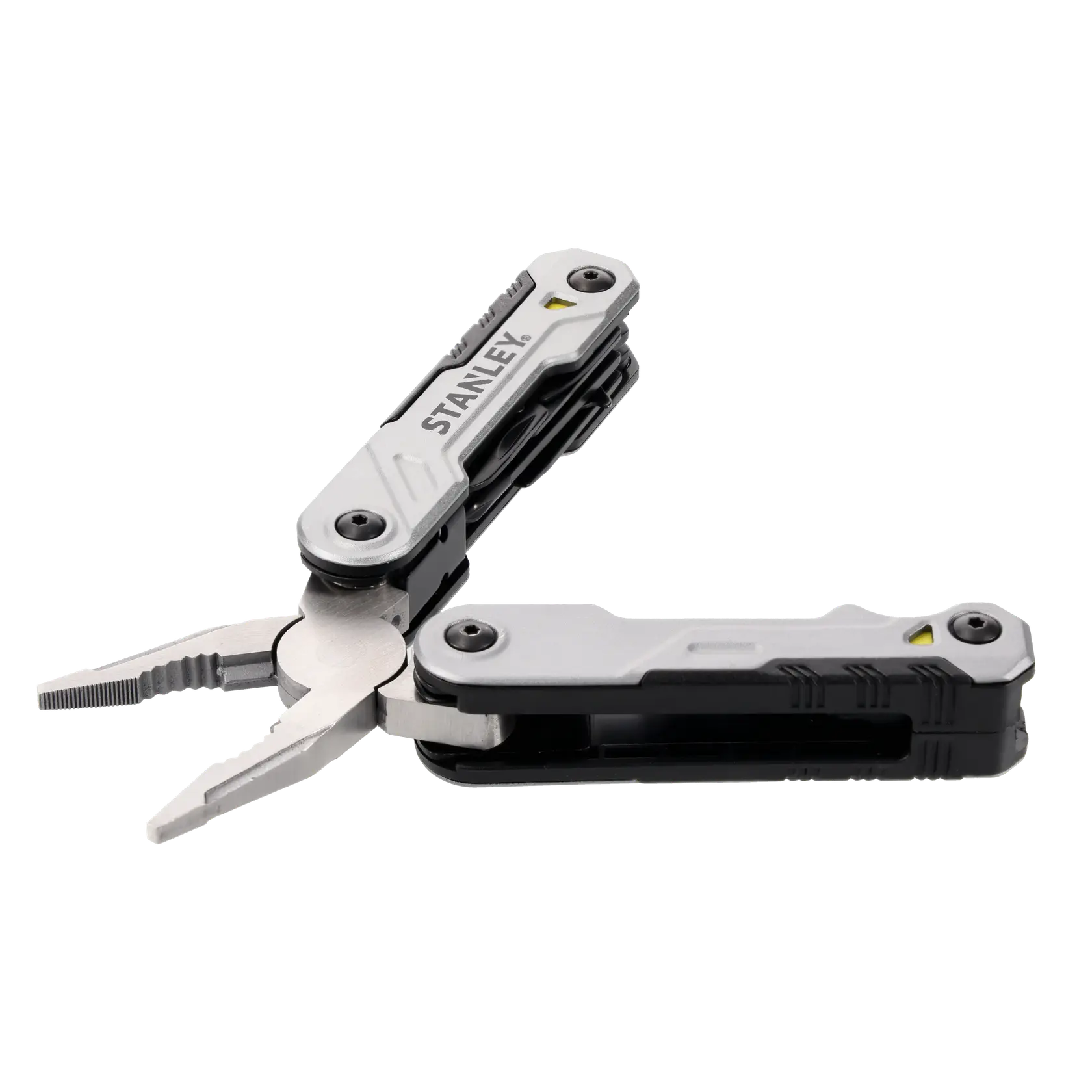 Un utensile multifunzione STANLEY con pinze estese, dal design argento e nero con diversi strumenti integrati.