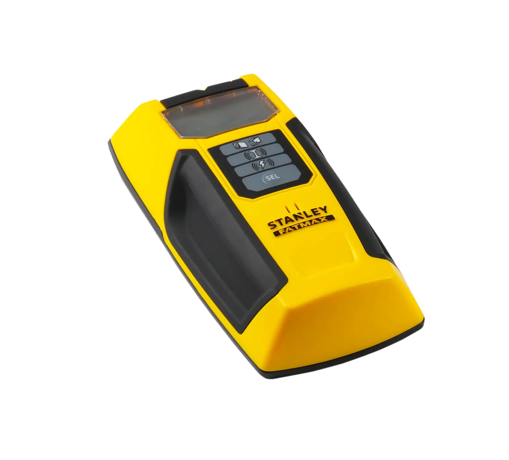 Rilevatore di montanti STANLEY FMHT0-77407, giallo e nero, vista frontale angolata su sfondo bianco.