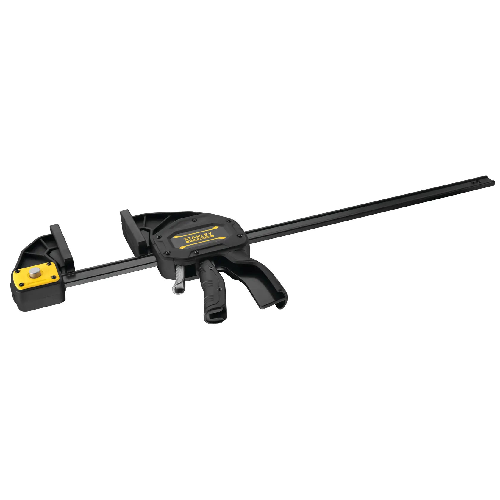STANLEY FMHT0-83213 morsetto a barra nero con grilletto giallo, fotografia prodotto, angolo laterale.