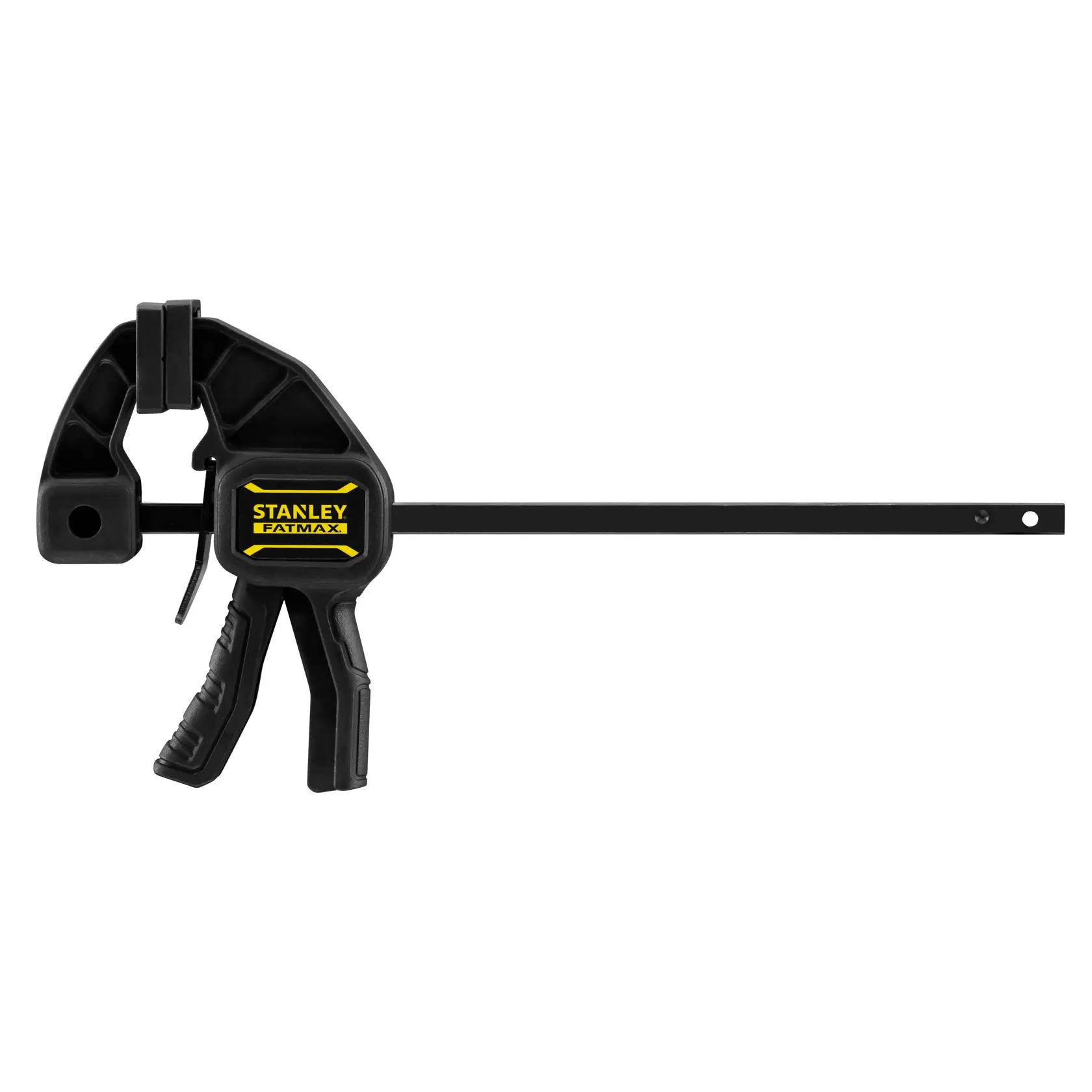 STANLEY FMHT0-83231 morsetto a barra con impugnatura nera e gialla, vista frontale su sfondo bianco.